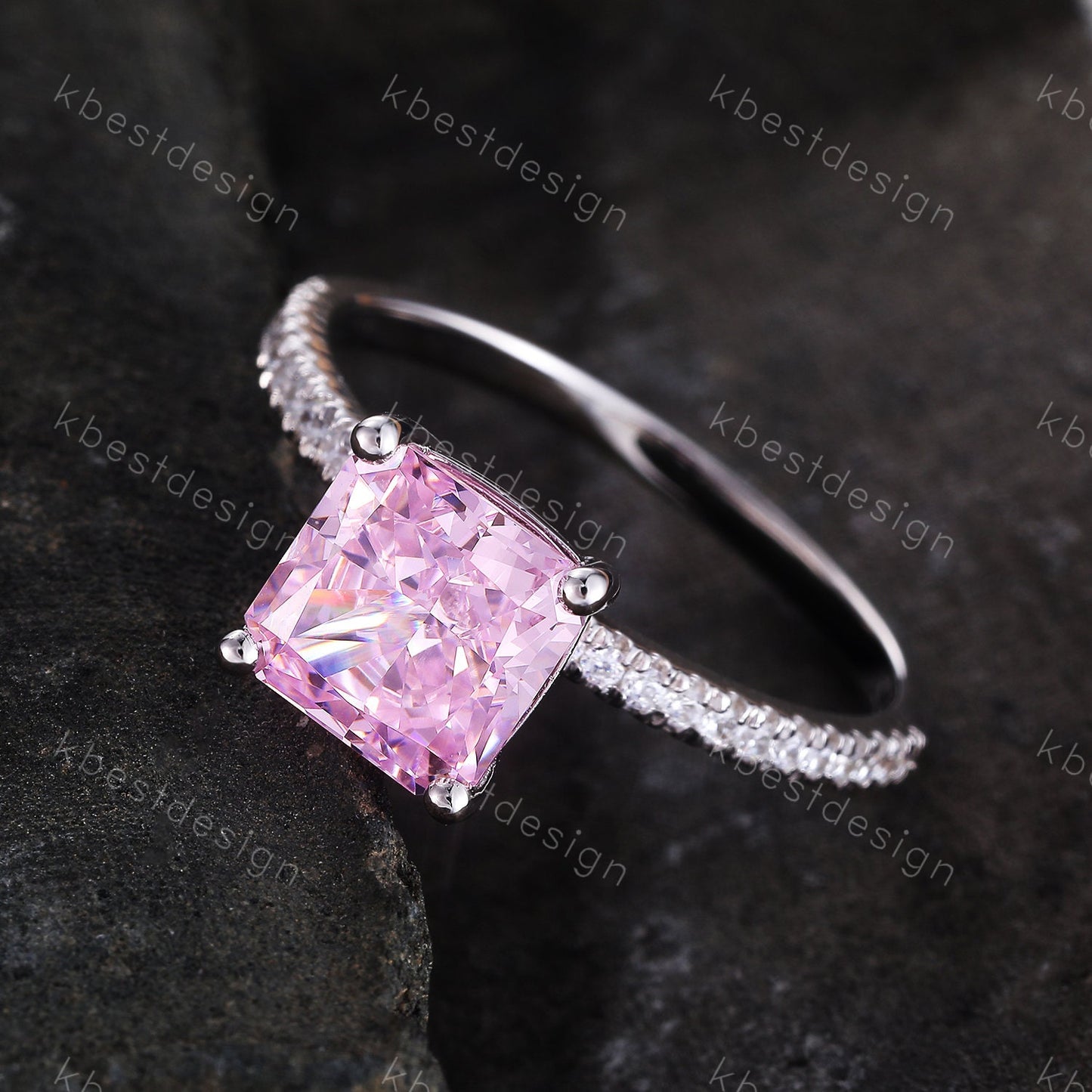 Simulated Pink Diamond Ring, Sterling Silver Ring, Engagement Ring, Square Cut Ring, Pink CZ Wedding Ring, Promise Ring, Anniversary Gift