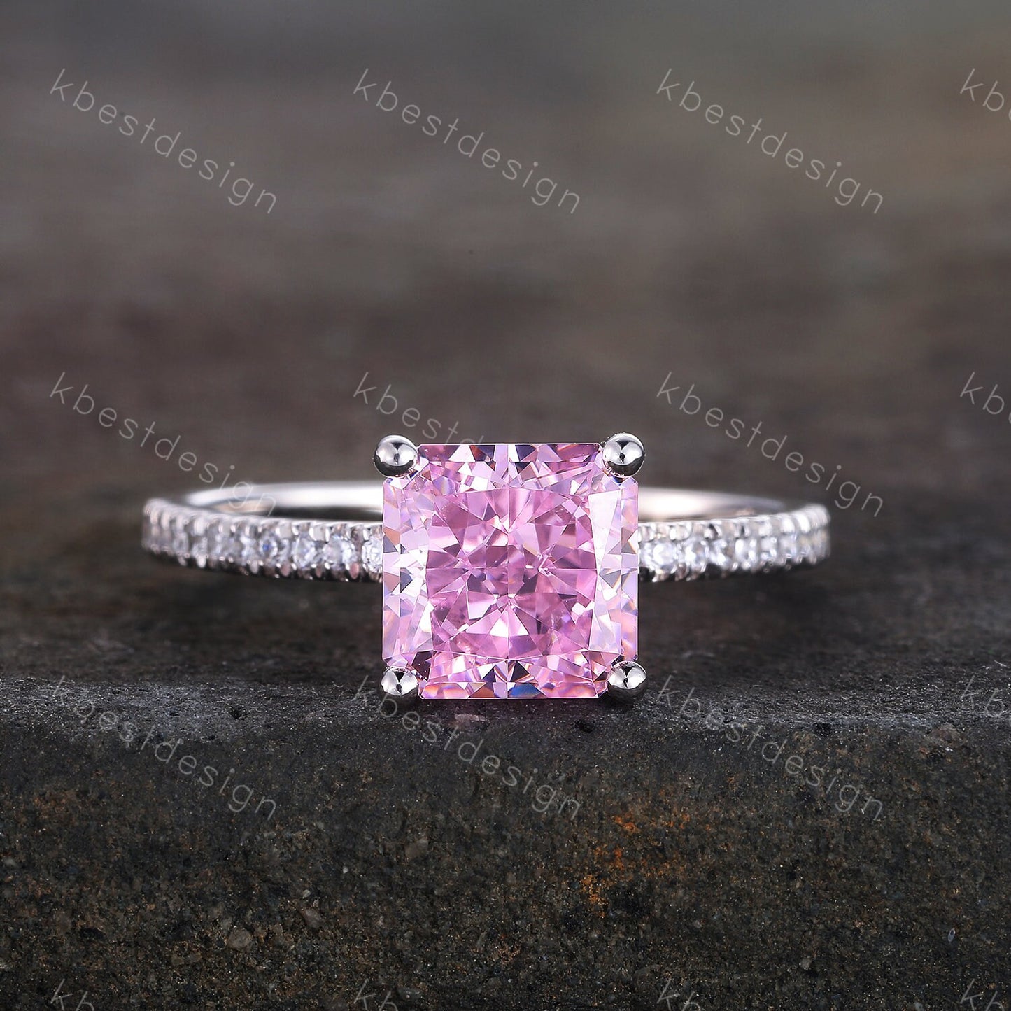 Simulated Pink Diamond Ring, Sterling Silver Ring, Engagement Ring, Square Cut Ring, Pink CZ Wedding Ring, Promise Ring, Anniversary Gift