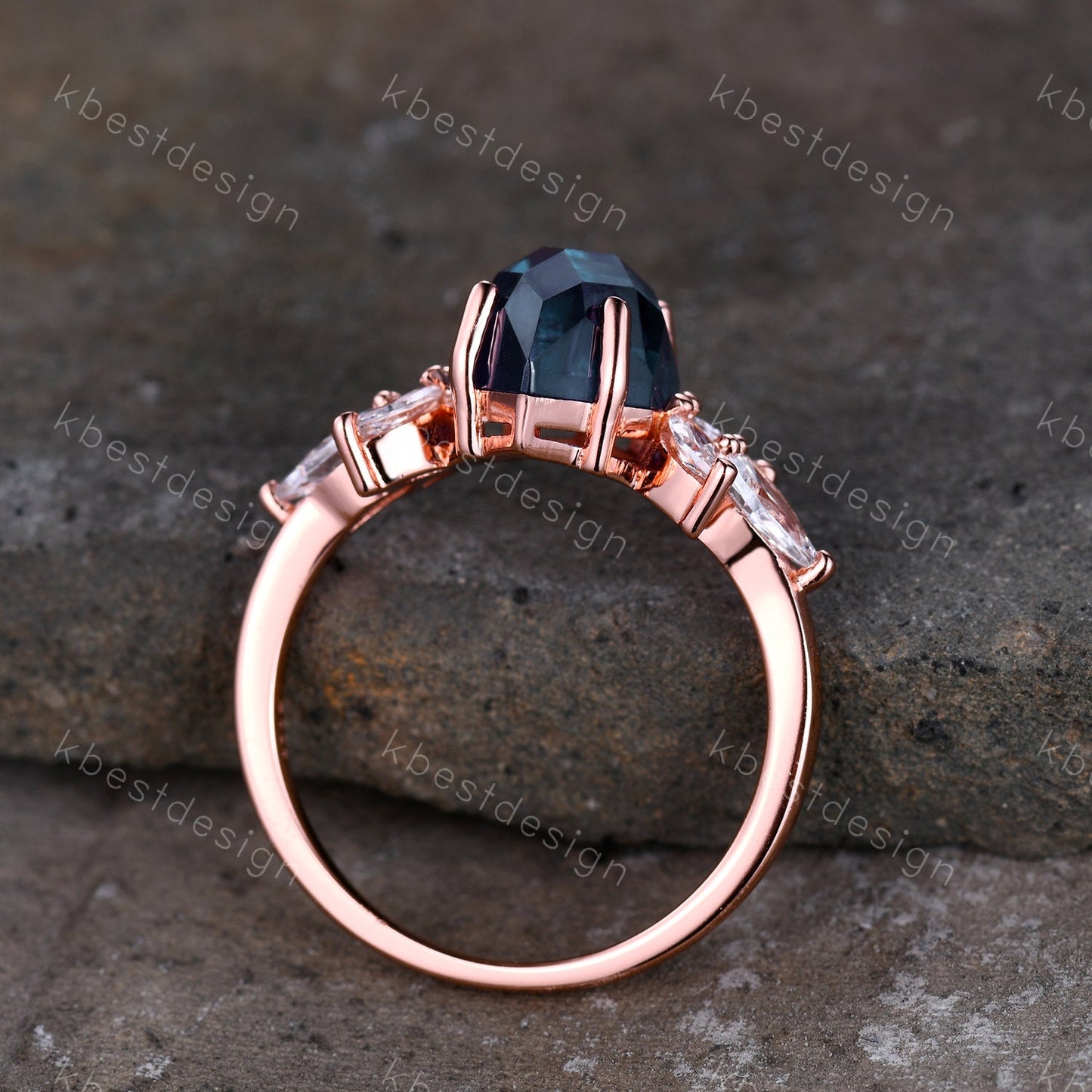 Vintage Alexandrite Ring Unique Bridal Ring Rose Gold Alexandrite Engagement Ring June Birthstone Ring Marquise Cluster Ring Promise