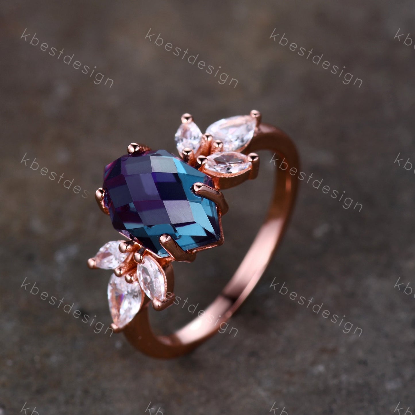 Vintage Alexandrite Ring Unique Bridal Ring Rose Gold Alexandrite Engagement Ring June Birthstone Ring Marquise Cluster Ring Promise