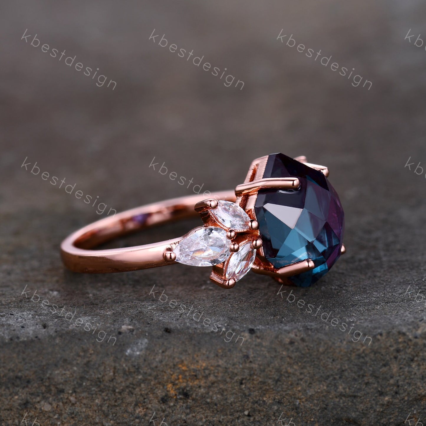 Vintage Alexandrite Ring Unique Bridal Ring Rose Gold Alexandrite Engagement Ring June Birthstone Ring Marquise Cluster Ring Promise