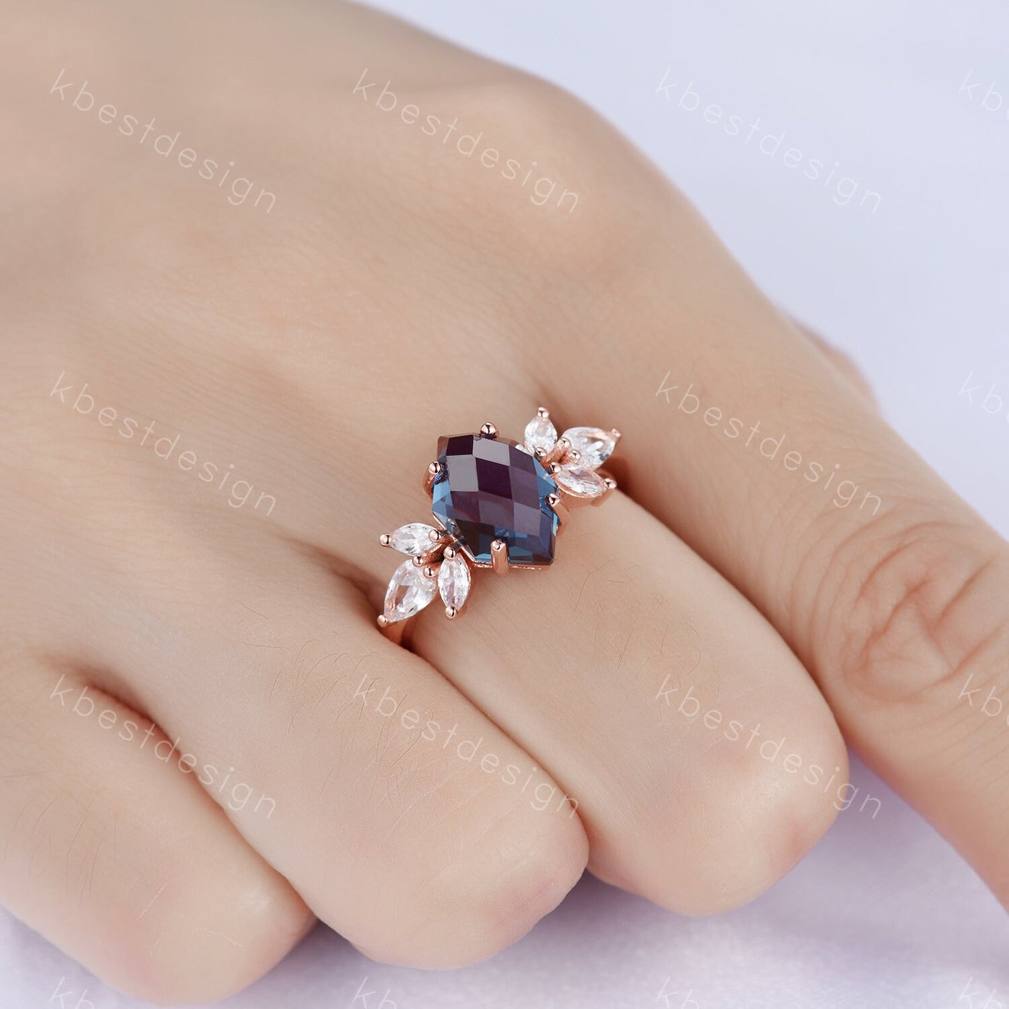 Vintage Alexandrite Ring Unique Bridal Ring Rose Gold Alexandrite Engagement Ring June Birthstone Ring Marquise Cluster Ring Promise