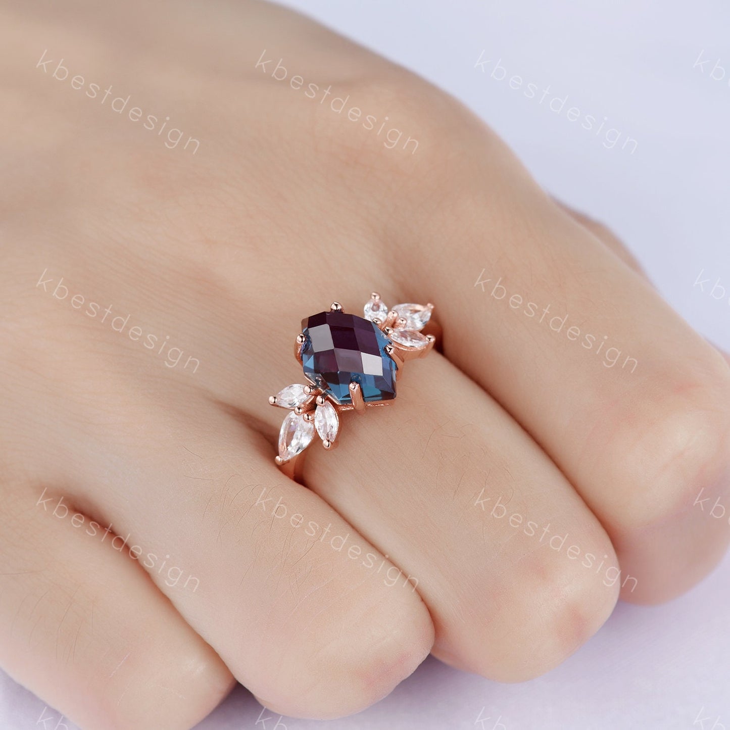 Vintage Alexandrite Ring Unique Bridal Ring Rose Gold Alexandrite Engagement Ring June Birthstone Ring Marquise Cluster Ring Promise