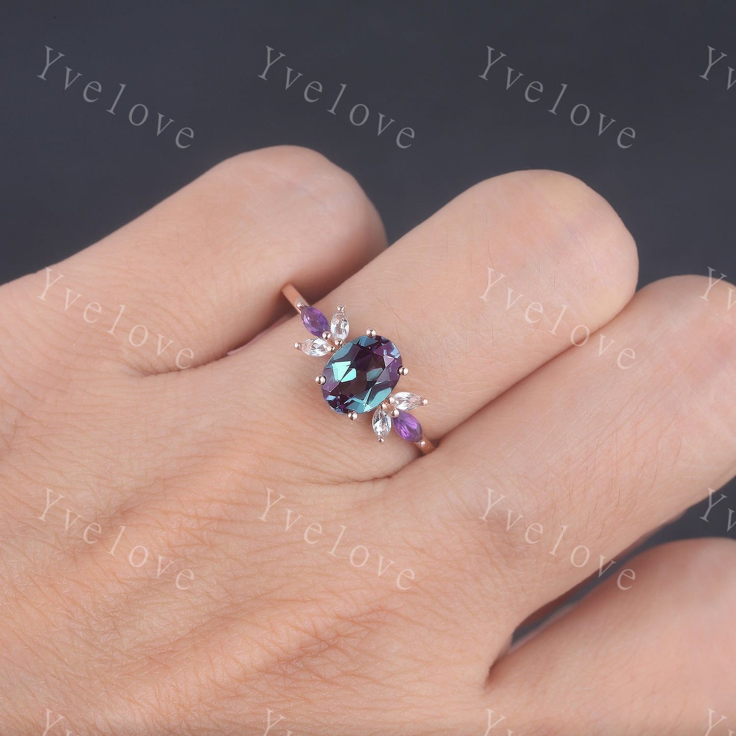 Vintage Alexandrite Engagement Ring Set Rose Gold Women Moissanite Amethyst Gem Matching Band Promise Bridal Stacking Ring Set Gift for her
