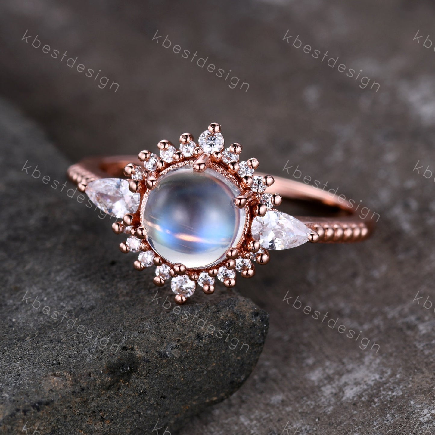 Vintage Moonstone Engagement Ring Art Deo Wedding Ring Rose Gold Rainbow Moonstone Ring Round Cut Ring Promise Anniversary Ring