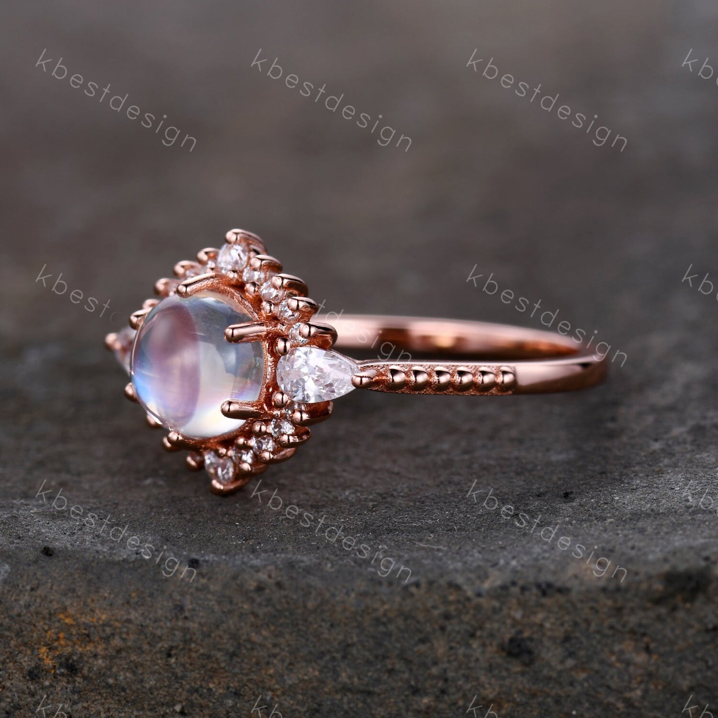 Vintage Moonstone Engagement Ring Art Deo Wedding Ring Rose Gold Rainbow Moonstone Ring Round Cut Ring Promise Anniversary Ring