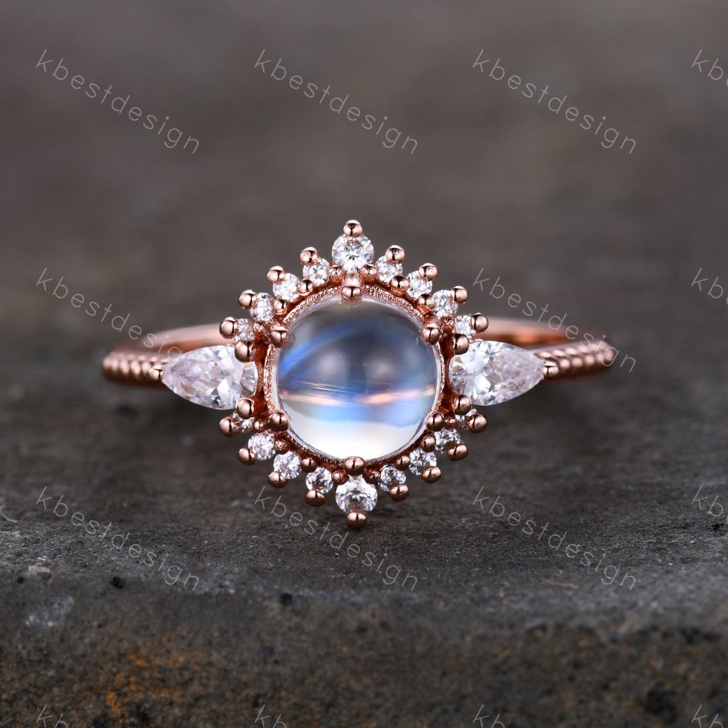 Vintage Moonstone Engagement Ring Art Deo Wedding Ring Rose Gold Rainbow Moonstone Ring Round Cut Ring Promise Anniversary Ring