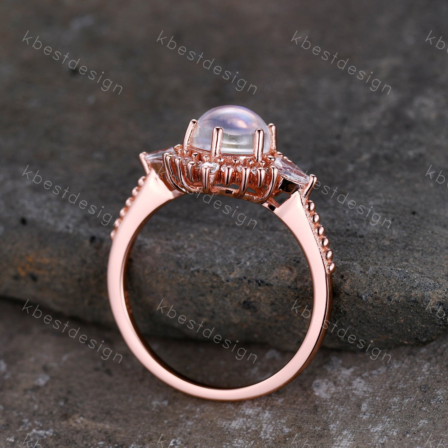Vintage Moonstone Engagement Ring Art Deo Wedding Ring Rose Gold Rainbow Moonstone Ring Round Cut Ring Promise Anniversary Ring