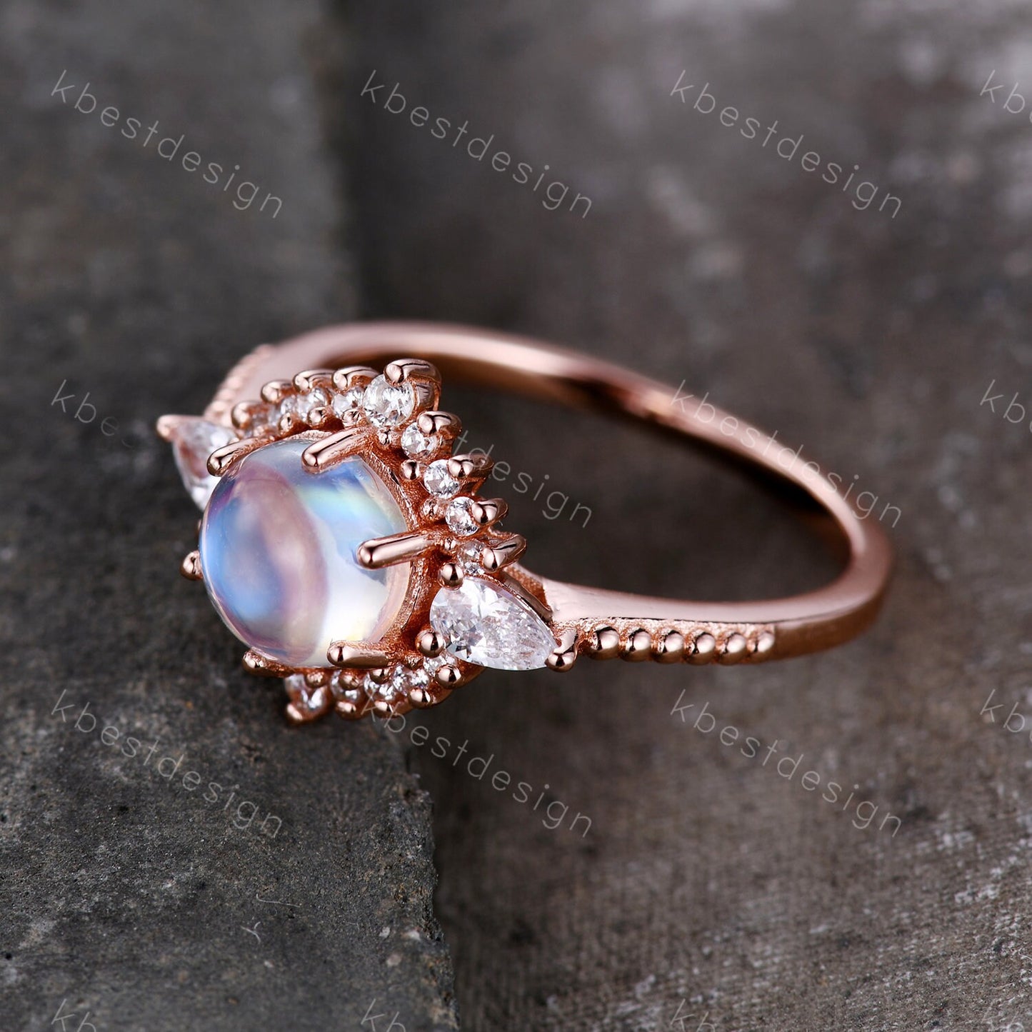 Vintage Moonstone Engagement Ring Art Deo Wedding Ring Rose Gold Rainbow Moonstone Ring Round Cut Ring Promise Anniversary Ring