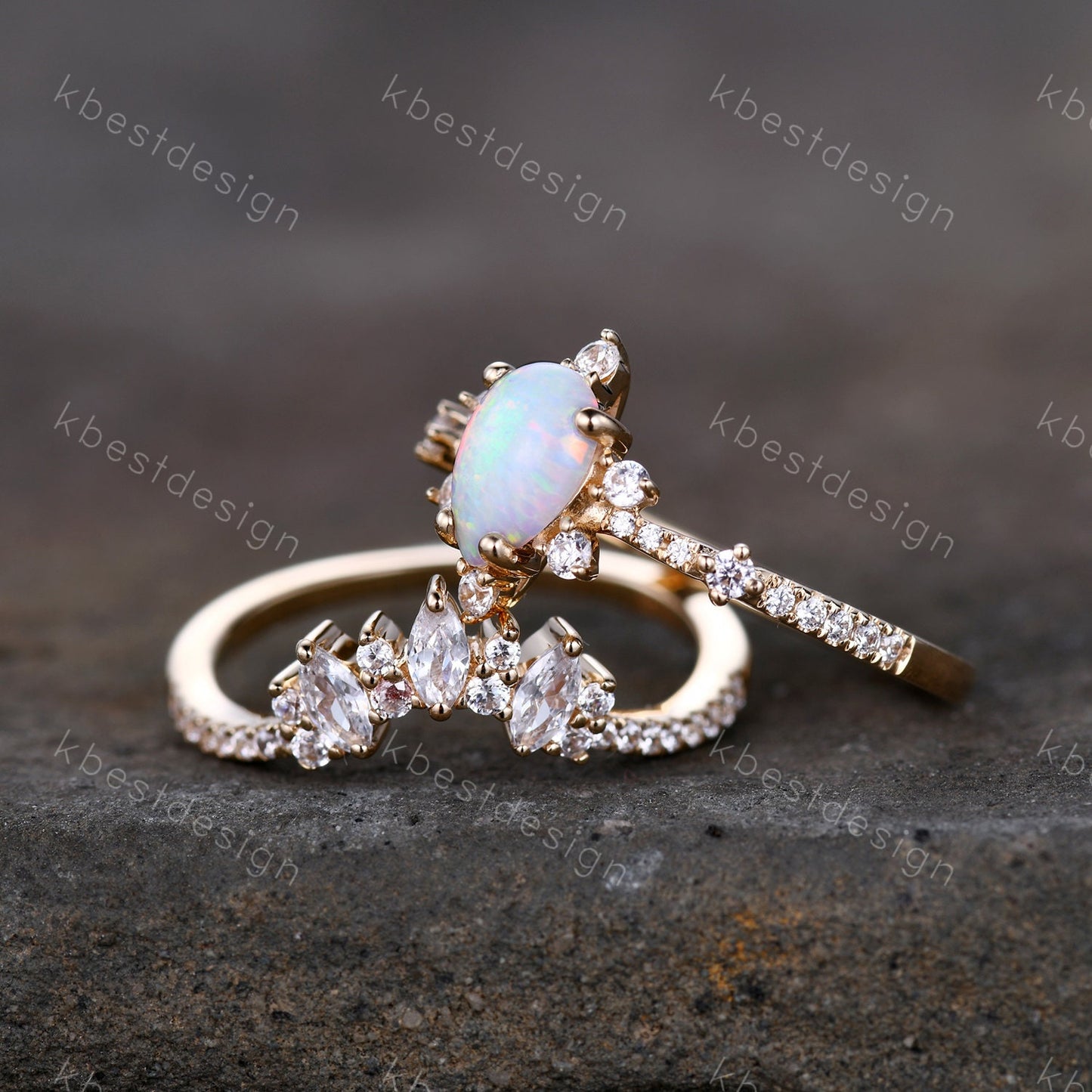 Vintage Opal Engagement Ring Set, Women Rose Gold Rings, Pear Shaped White Opal Ring, Unique Cluster Stacking Band, Promise Gift