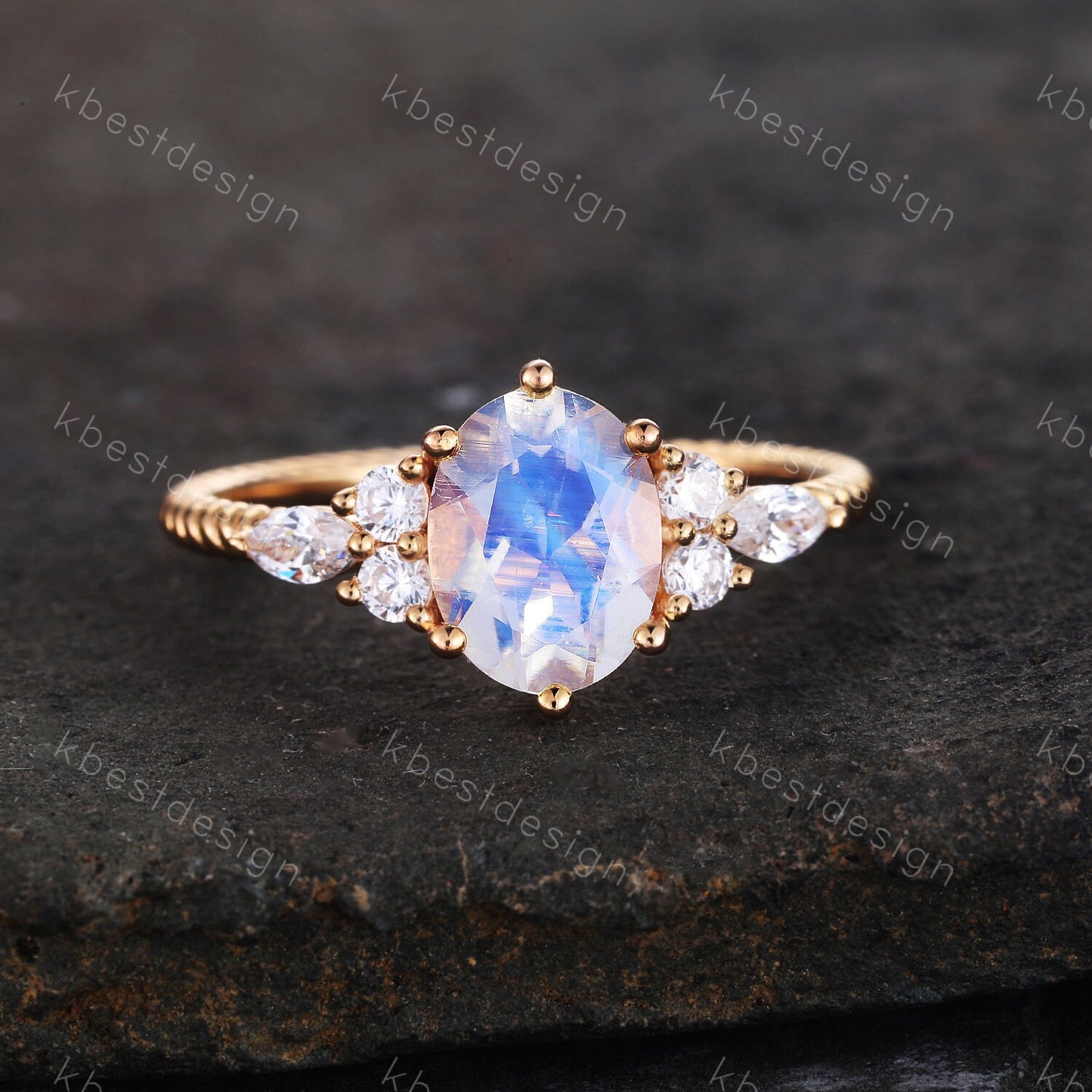 Vintage Moonstone Engagement Ring Art Deco Wedding Ring Unique Eternity Twist Band Yellow Gold Moonstone Ring Bridal Anniversary Ring