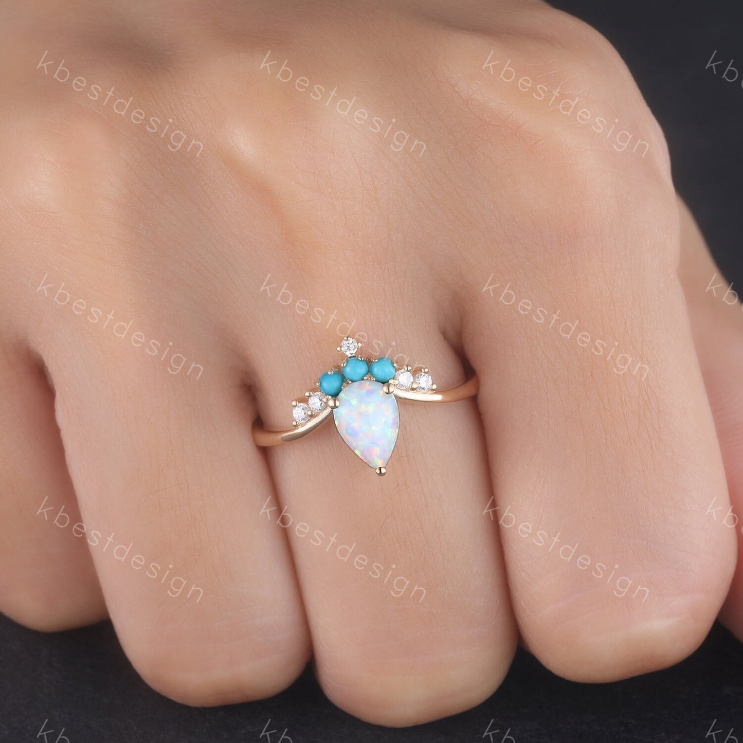 Pear Shaped Opal Engagement Ring, White Opal Ring, Opal Turquoise Wedding Ring, Stacking Ring, October Birthstone, Anniversary Gift for her
