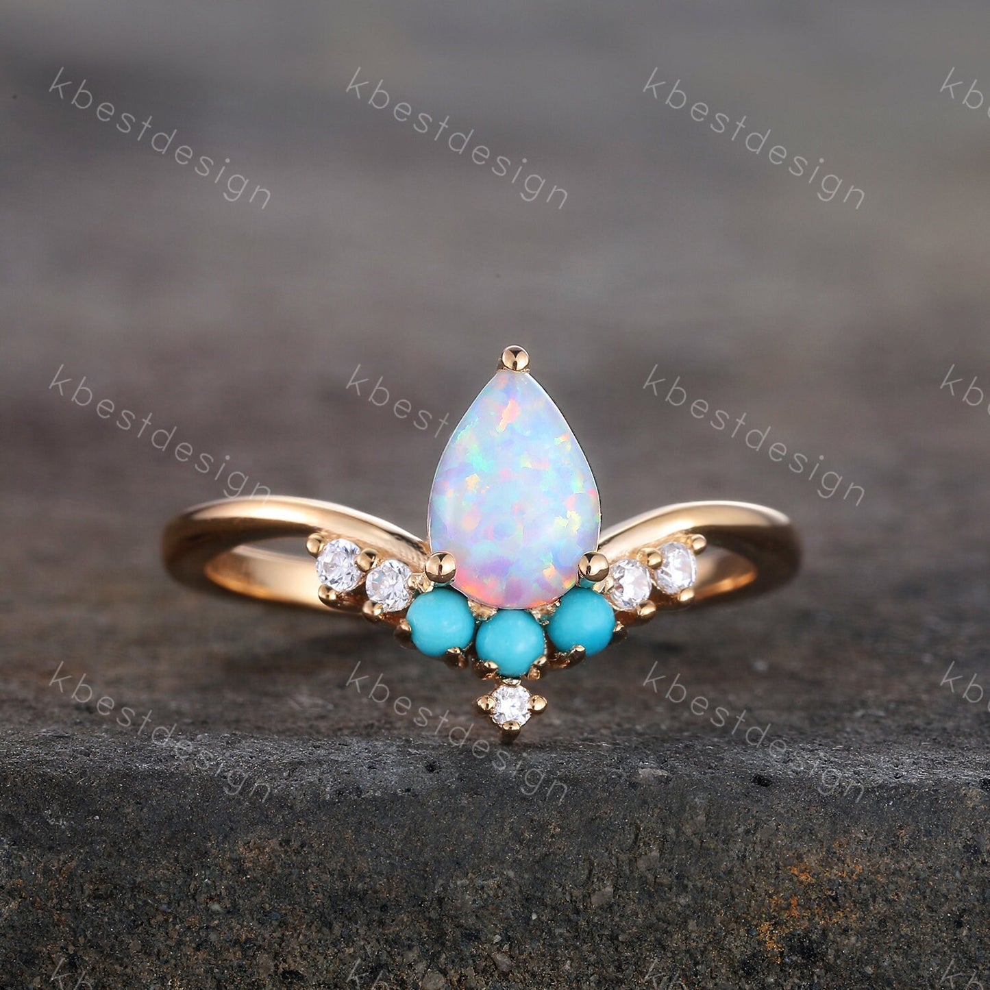 Pear Shaped Opal Engagement Ring, White Opal Ring, Opal Turquoise Wedding Ring, Stacking Ring, October Birthstone, Anniversary Gift for her
