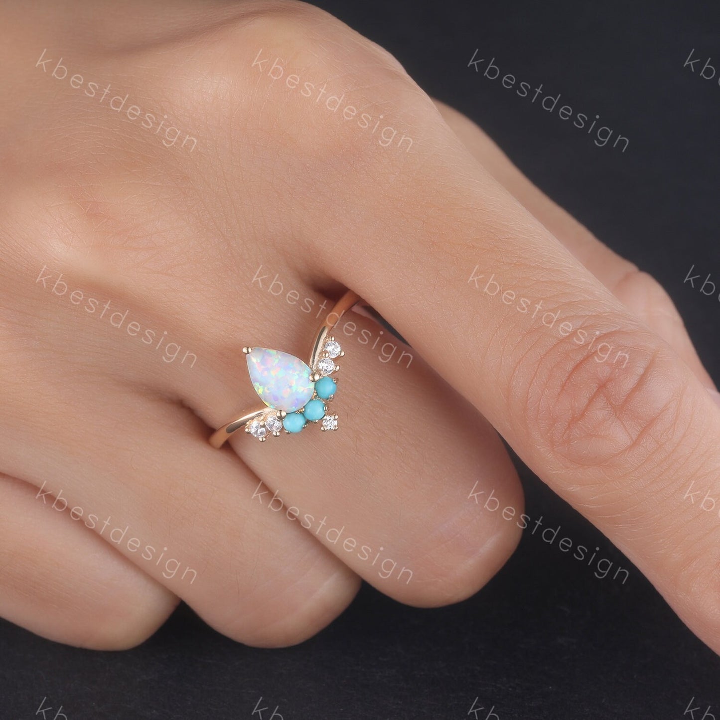 Pear Shaped Opal Engagement Ring, White Opal Ring, Opal Turquoise Wedding Ring, Stacking Ring, October Birthstone, Anniversary Gift for her