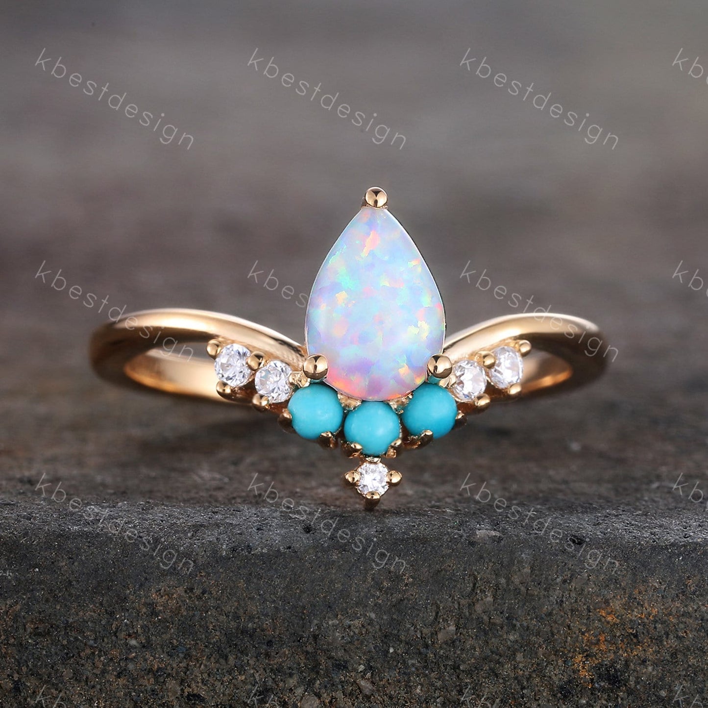 Pear Shaped Opal Engagement Ring, White Opal Ring, Opal Turquoise Wedding Ring, Stacking Ring, October Birthstone, Anniversary Gift for her
