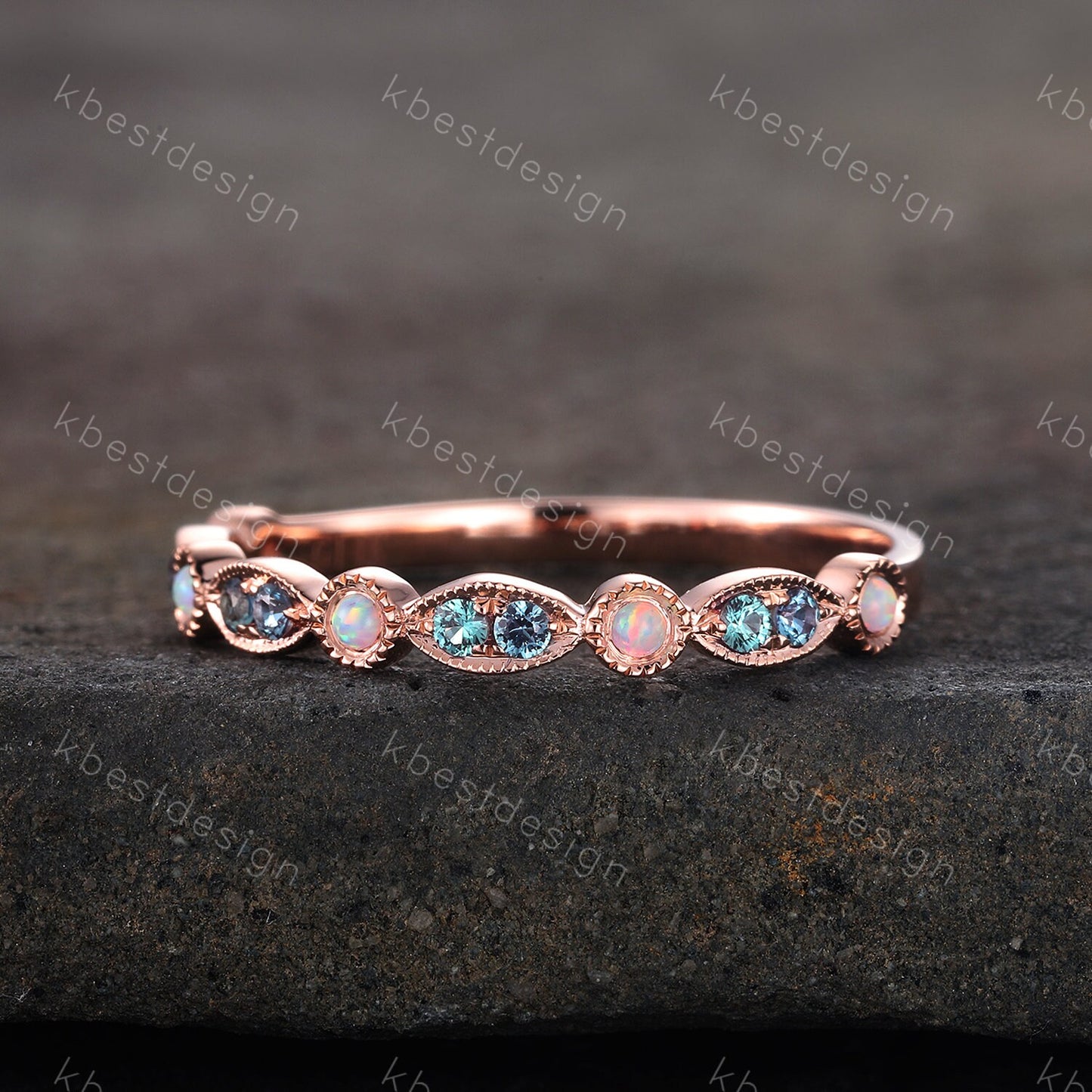 Alexandrite Opal Wedding Band, Half Eternity Wedding Band, Art Deco Stacking Band, Opal Wedding Ring, Alexandrite Ring, Anniversary Gift