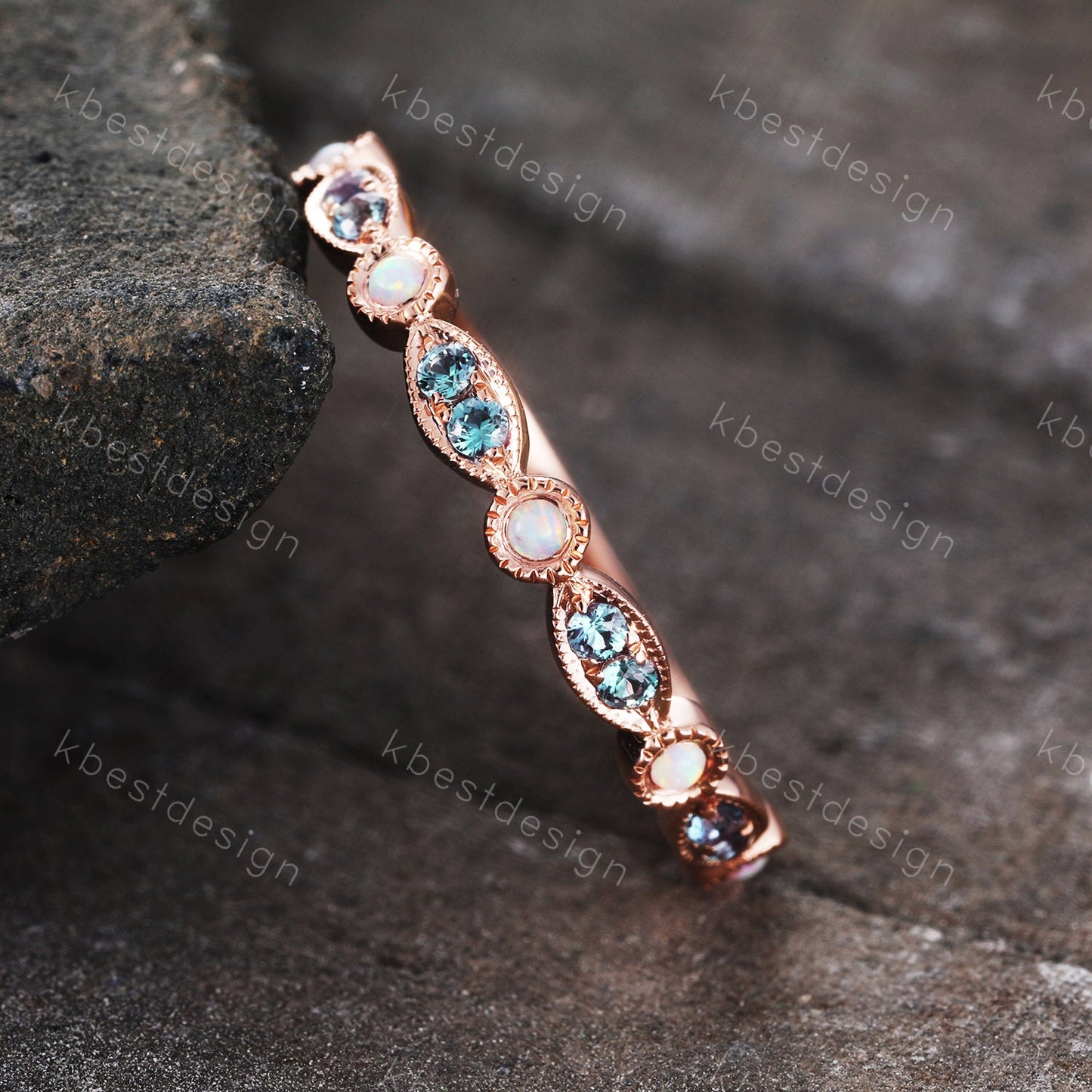 Alexandrite Opal Wedding Band, Half Eternity Wedding Band, Art Deco Stacking Band, Opal Wedding Ring, Alexandrite Ring, Anniversary Gift