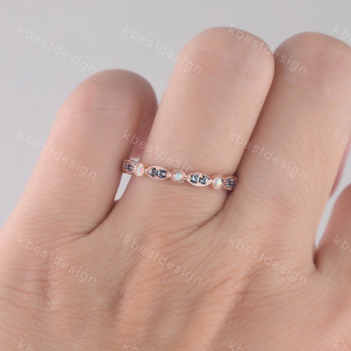 Alexandrite Opal Wedding Band, Half Eternity Wedding Band, Art Deco Stacking Band, Opal Wedding Ring, Alexandrite Ring, Anniversary Gift