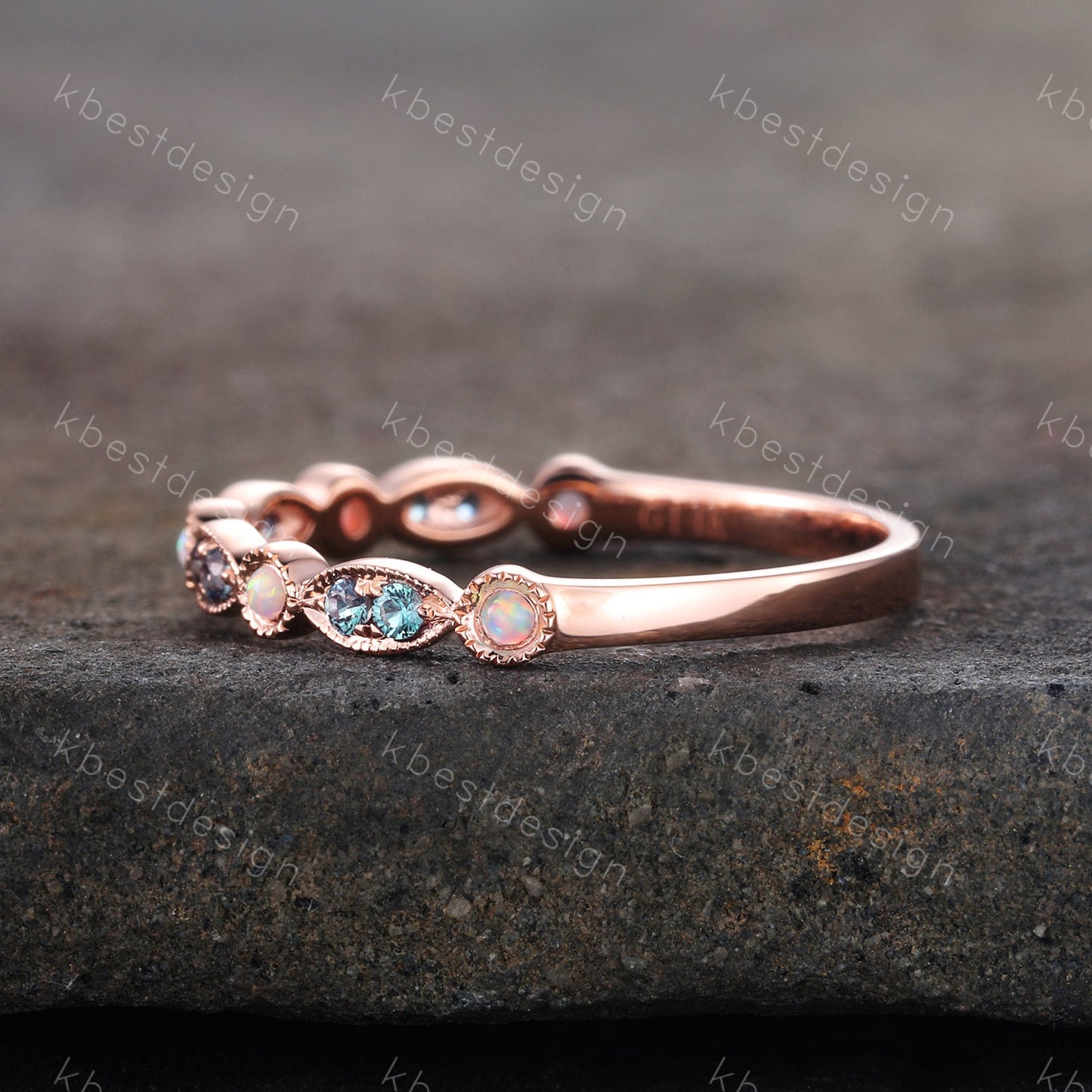 Alexandrite Opal Wedding Band, Half Eternity Wedding Band, Art Deco Stacking Band, Opal Wedding Ring, Alexandrite Ring, Anniversary Gift