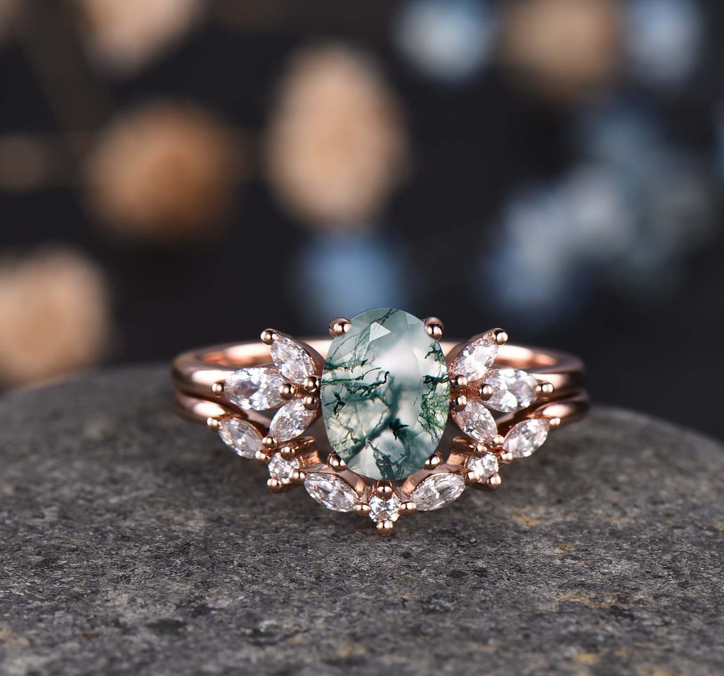 Moss Agate Engagement Ring Set Women Stacking Matching Band White Gold Moissanite Eternity Ring Unique Vintage Floral Design Promise Gift