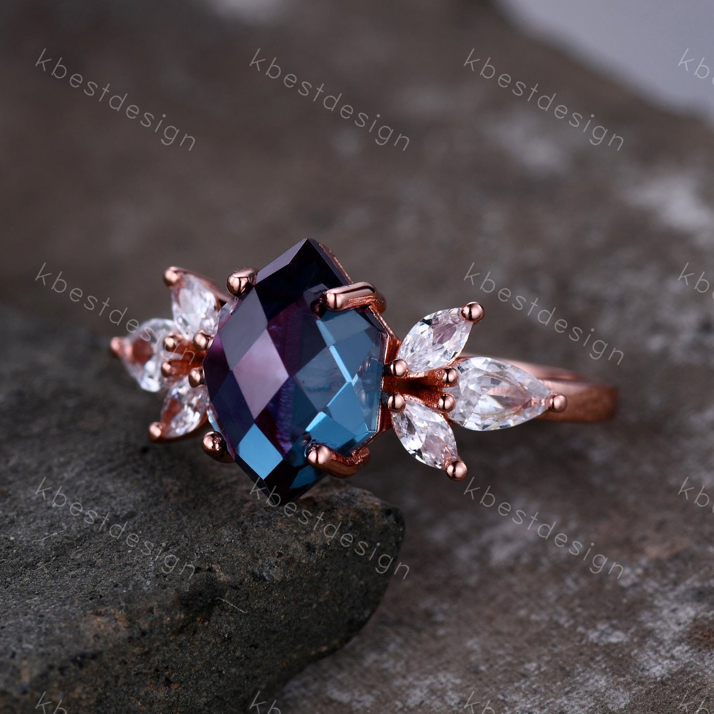 Vintage Alexandrite Ring Unique Bridal Ring Rose Gold Alexandrite Engagement Ring June Birthstone Ring Marquise Cluster Ring Promise