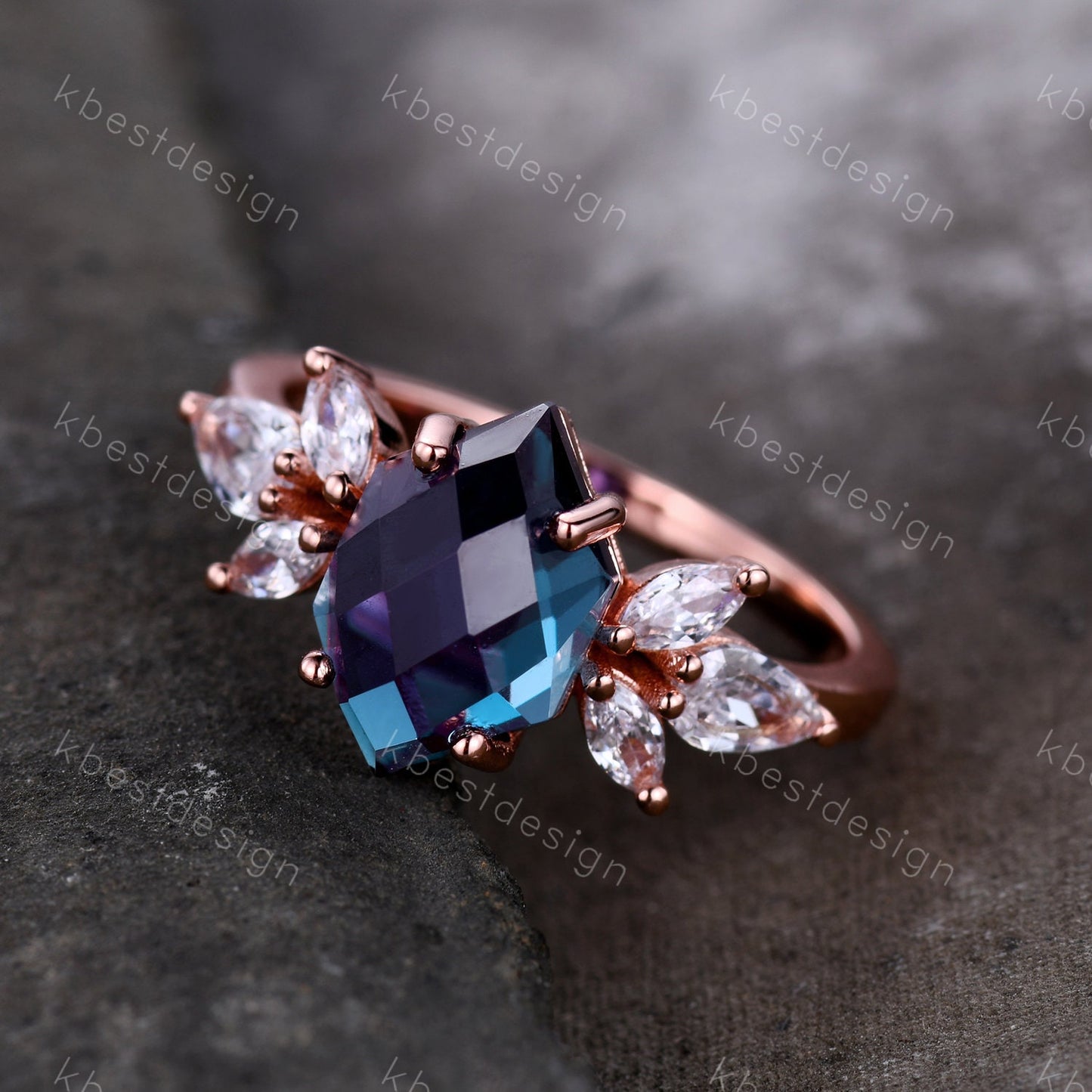 Vintage Alexandrite Ring Unique Bridal Ring Rose Gold Alexandrite Engagement Ring June Birthstone Ring Marquise Cluster Ring Promise