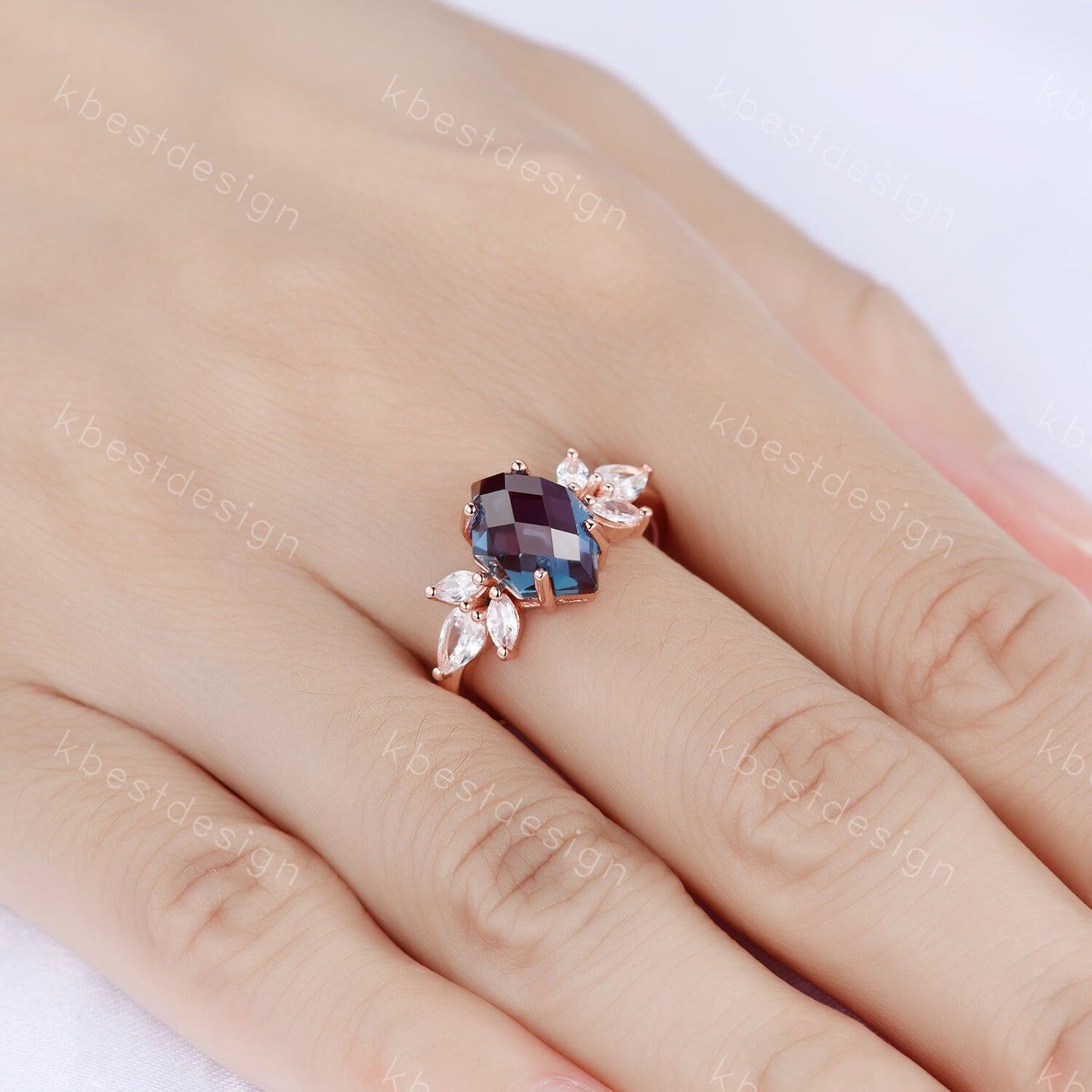 Vintage Alexandrite Ring Unique Bridal Ring Rose Gold Alexandrite Engagement Ring June Birthstone Ring Marquise Cluster Ring Promise
