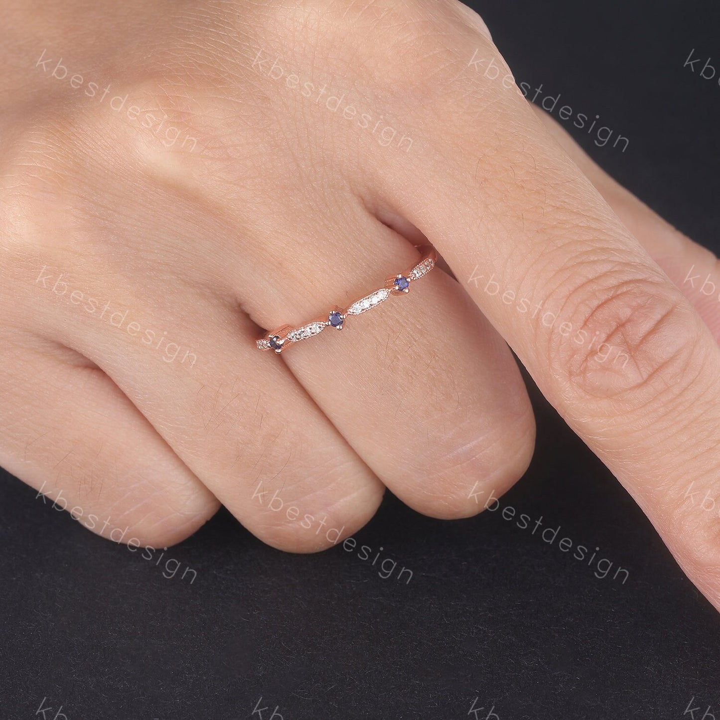 Dainty Sapphire Wedding Band Art Deco CZ Cubic Zirconia Minimalist Band Rose Gold Ring for Women Half Eternity Wedding Band Gift for Her