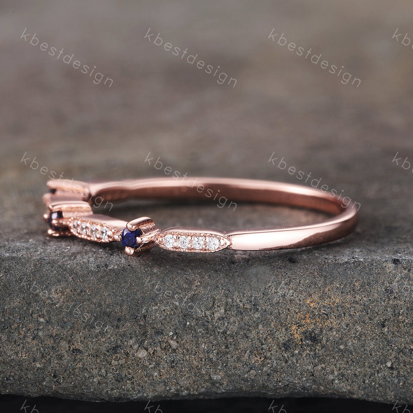 Dainty Sapphire Wedding Band Art Deco CZ Cubic Zirconia Minimalist Band Rose Gold Ring for Women Half Eternity Wedding Band Gift for Her