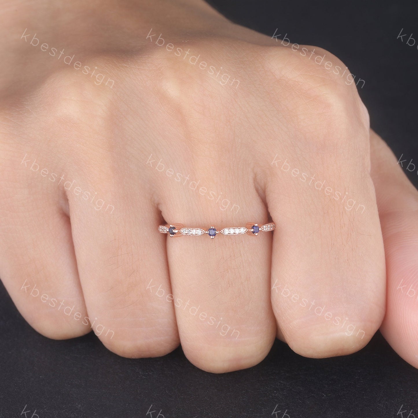 Dainty Sapphire Wedding Band Art Deco CZ Cubic Zirconia Minimalist Band Rose Gold Ring for Women Half Eternity Wedding Band Gift for Her