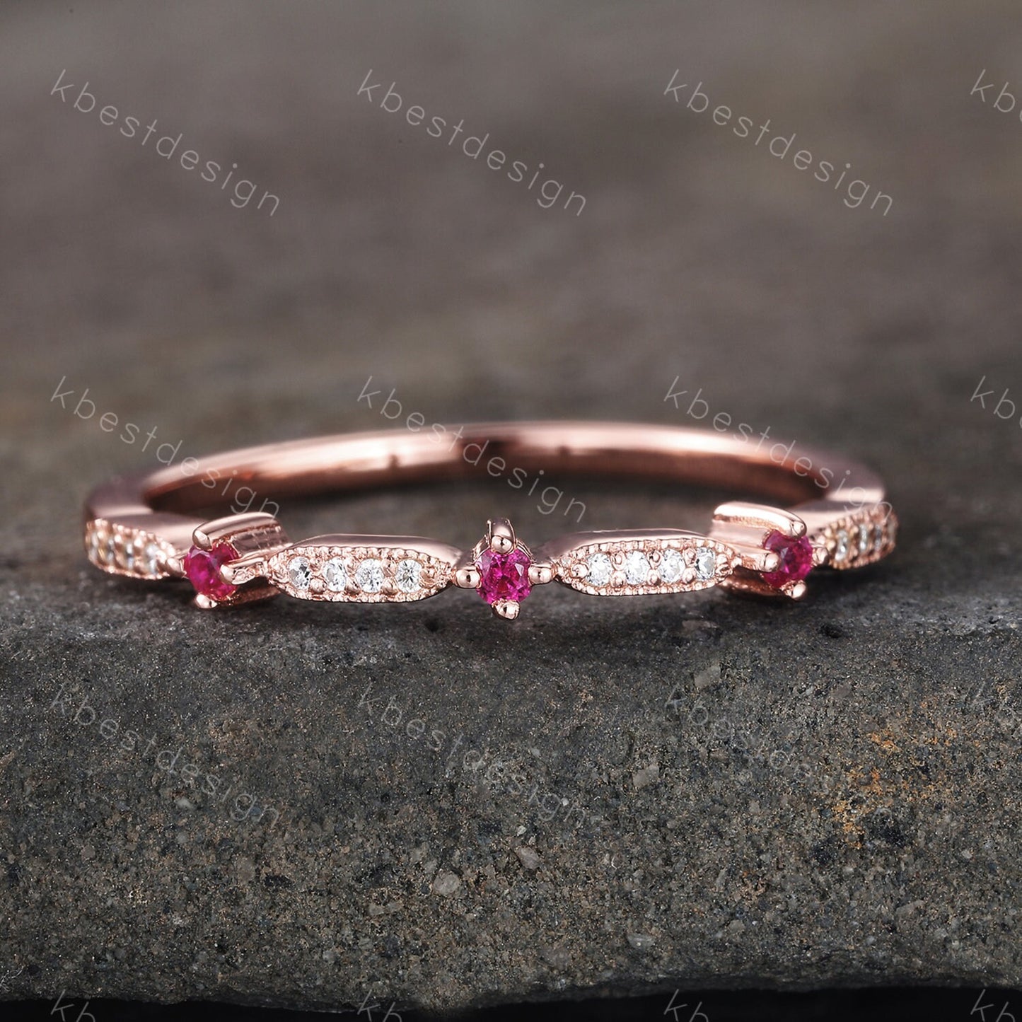 Delicate Ruby Wedding Band Ruby & CZ Diamond Wedding Band Half Eternity Matching Band Stackable Eternity Bridal Wedding Anniversary Ring