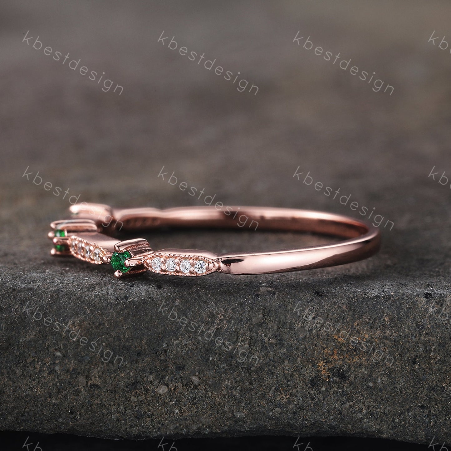 Art Deco Emerald Wedding Band, Rose Gold Emerald Stacking Band, Minimalist Ring, Simulated Diamond CZ Wedding Band Ring, Anniversary Ring