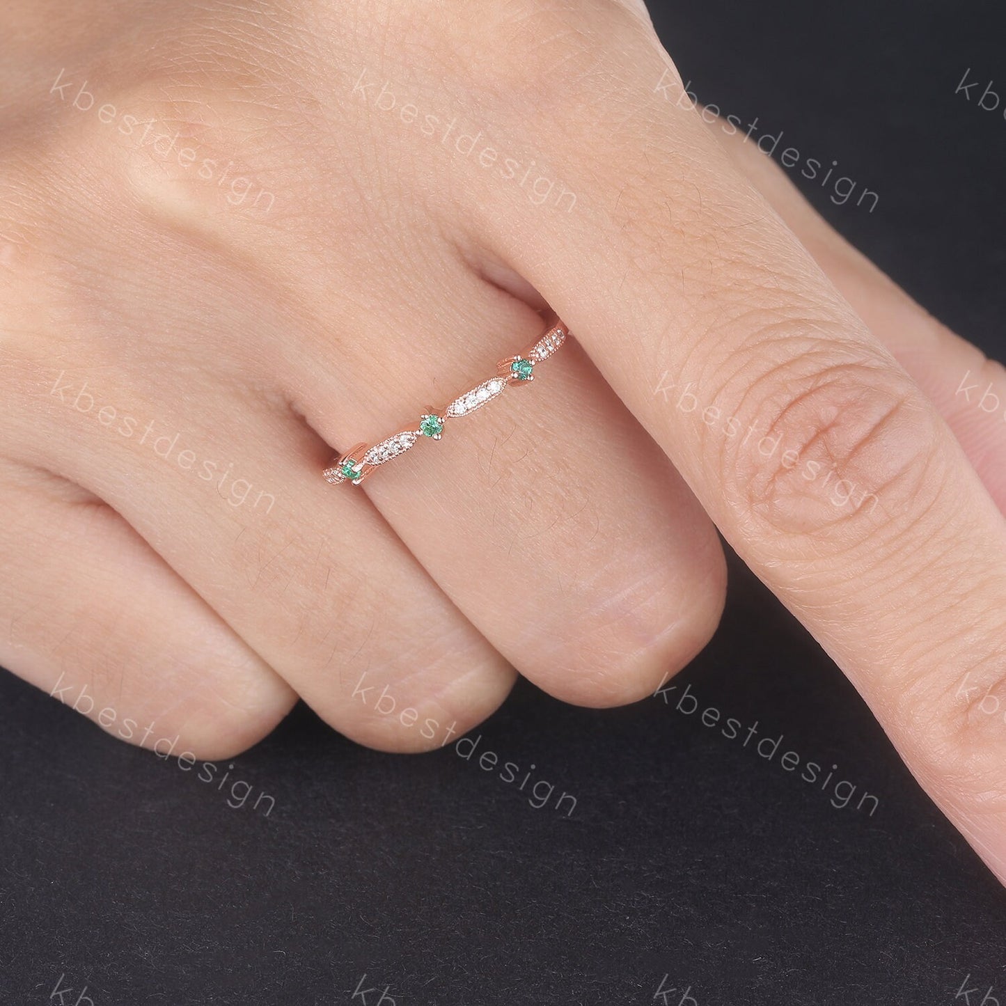 Art Deco Emerald Wedding Band, Rose Gold Emerald Stacking Band, Minimalist Ring, Simulated Diamond CZ Wedding Band Ring, Anniversary Ring