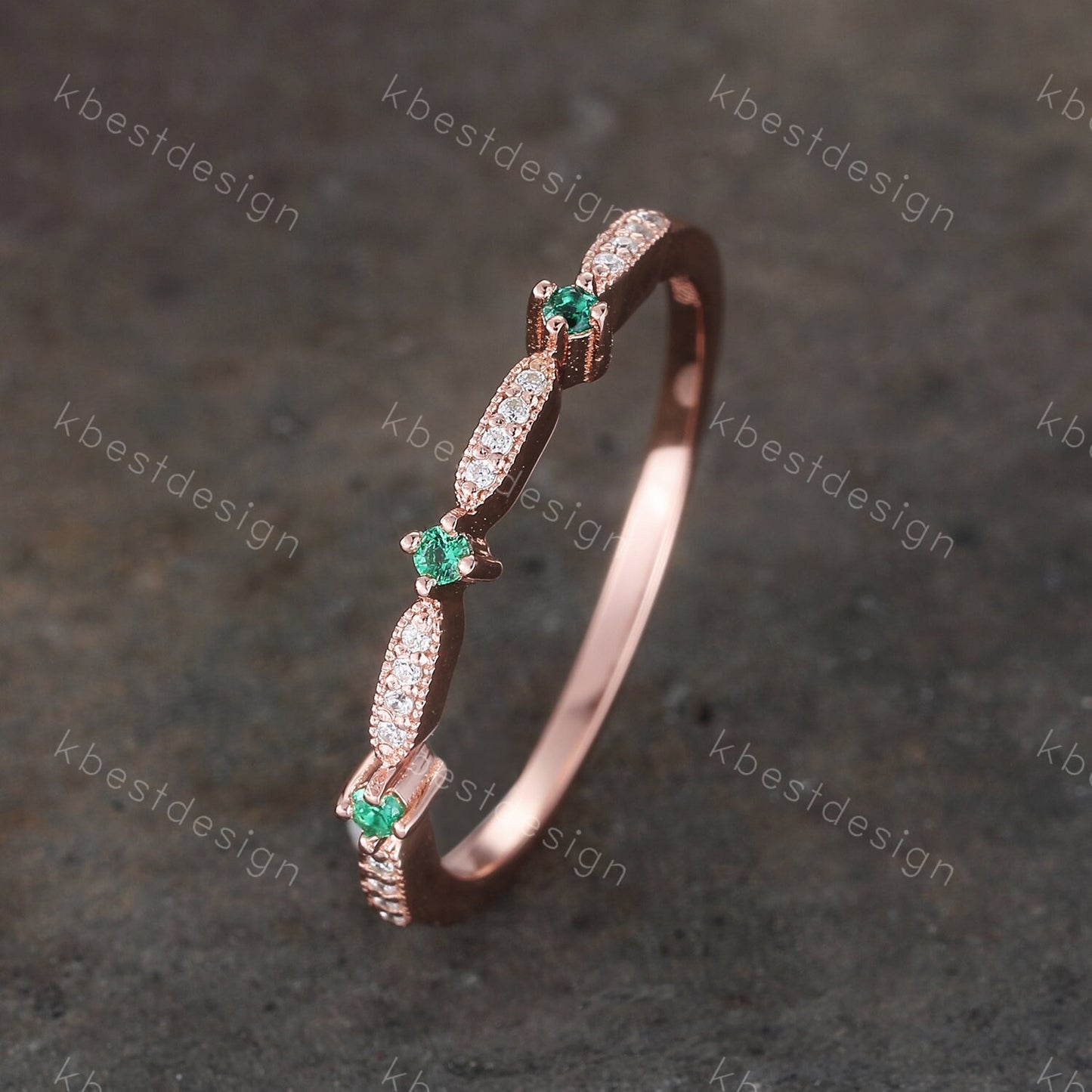 Art Deco Emerald Wedding Band, Rose Gold Emerald Stacking Band, Minimalist Ring, Simulated Diamond CZ Wedding Band Ring, Anniversary Ring