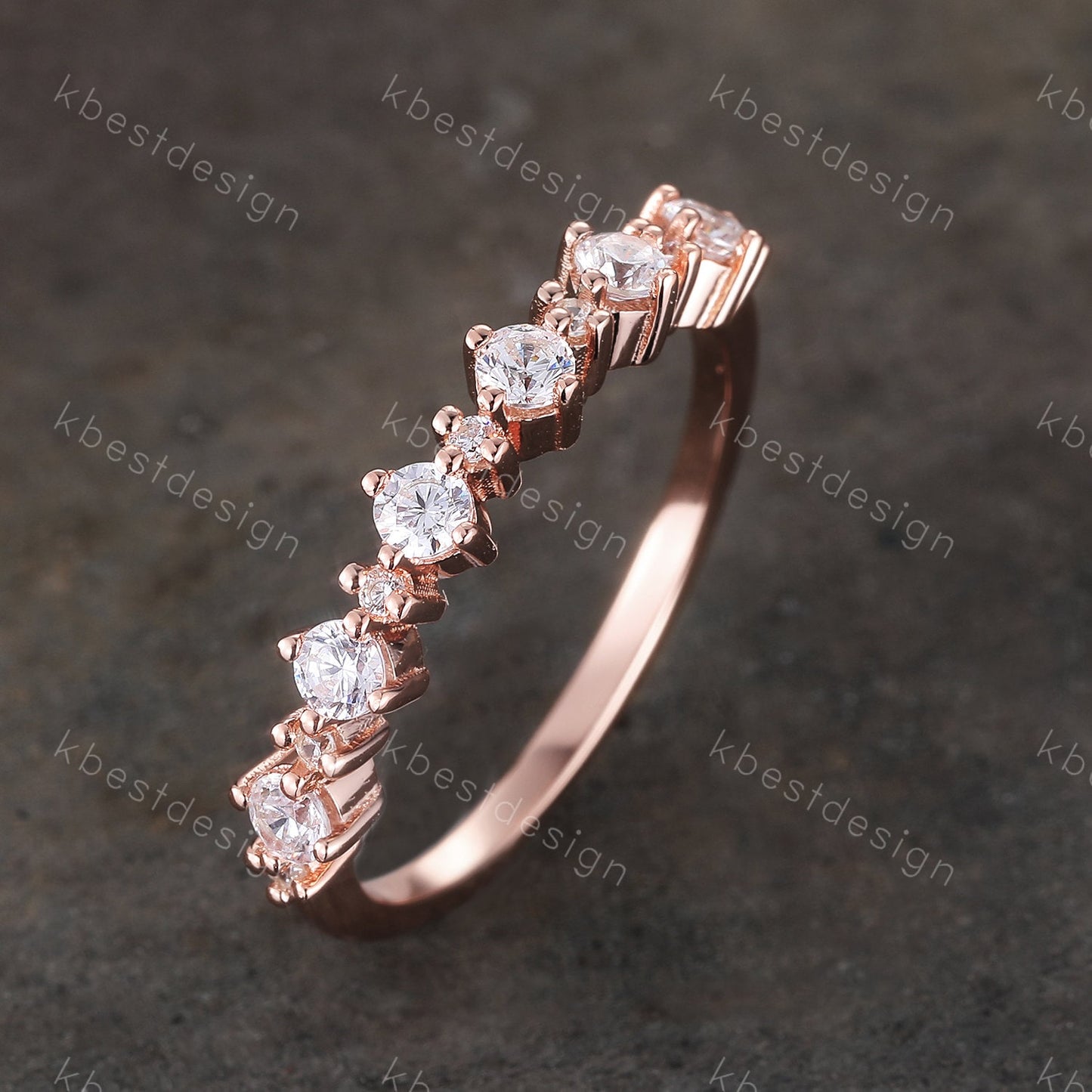 Vintage Rose gold wedding band women Round cut Half eternity band Unique Stacking Matching bridal ring Sterling Silver Diamond wedding ring