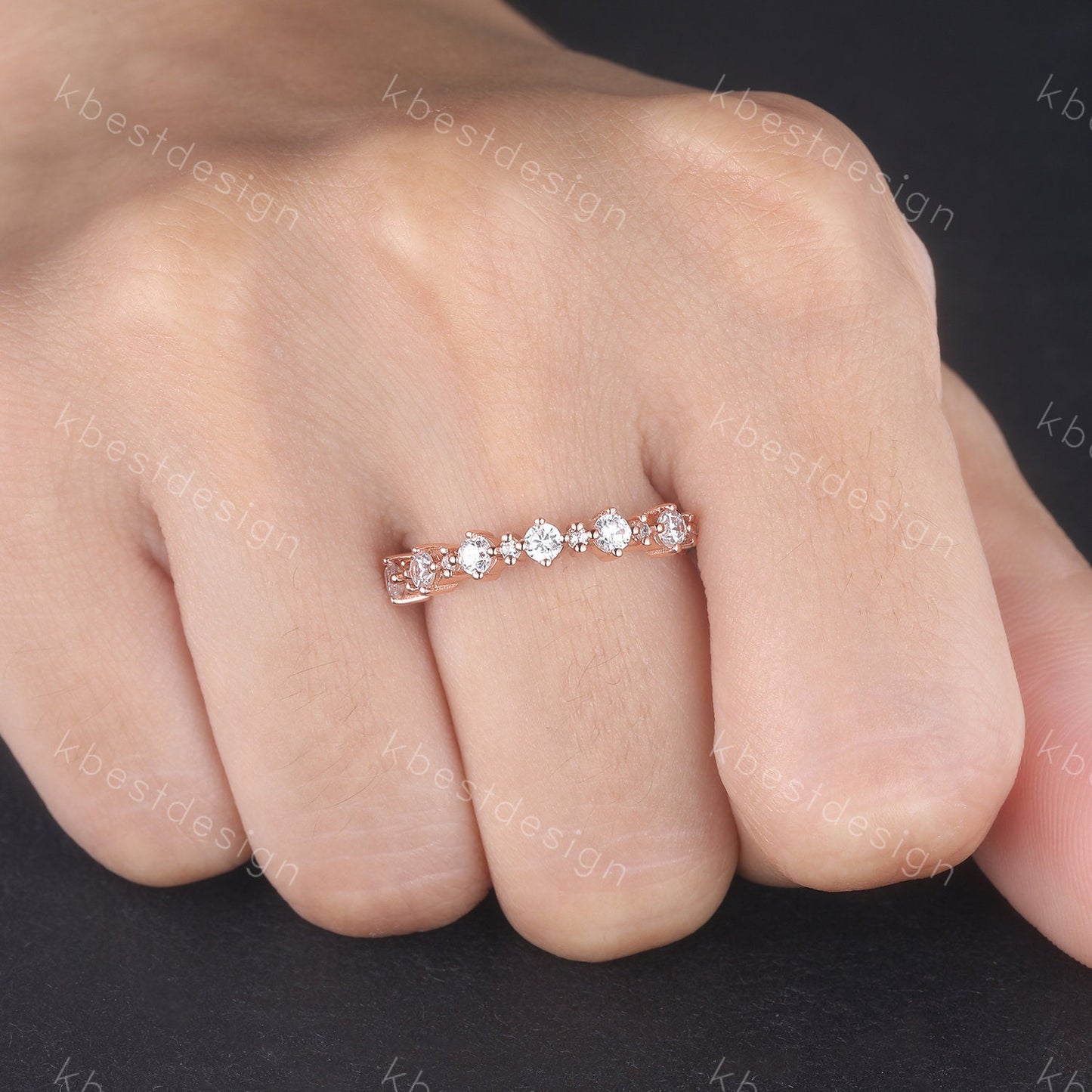 Vintage Rose gold wedding band women Round cut Half eternity band Unique Stacking Matching bridal ring Sterling Silver Diamond wedding ring