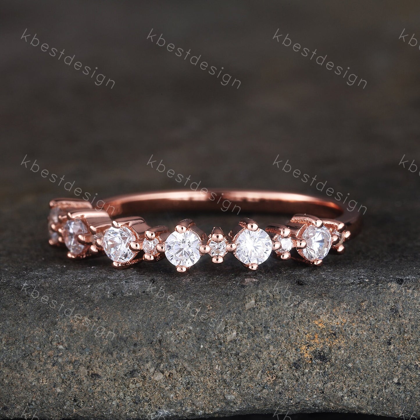 Vintage Rose gold wedding band women Round cut Half eternity band Unique Stacking Matching bridal ring Sterling Silver Diamond wedding ring
