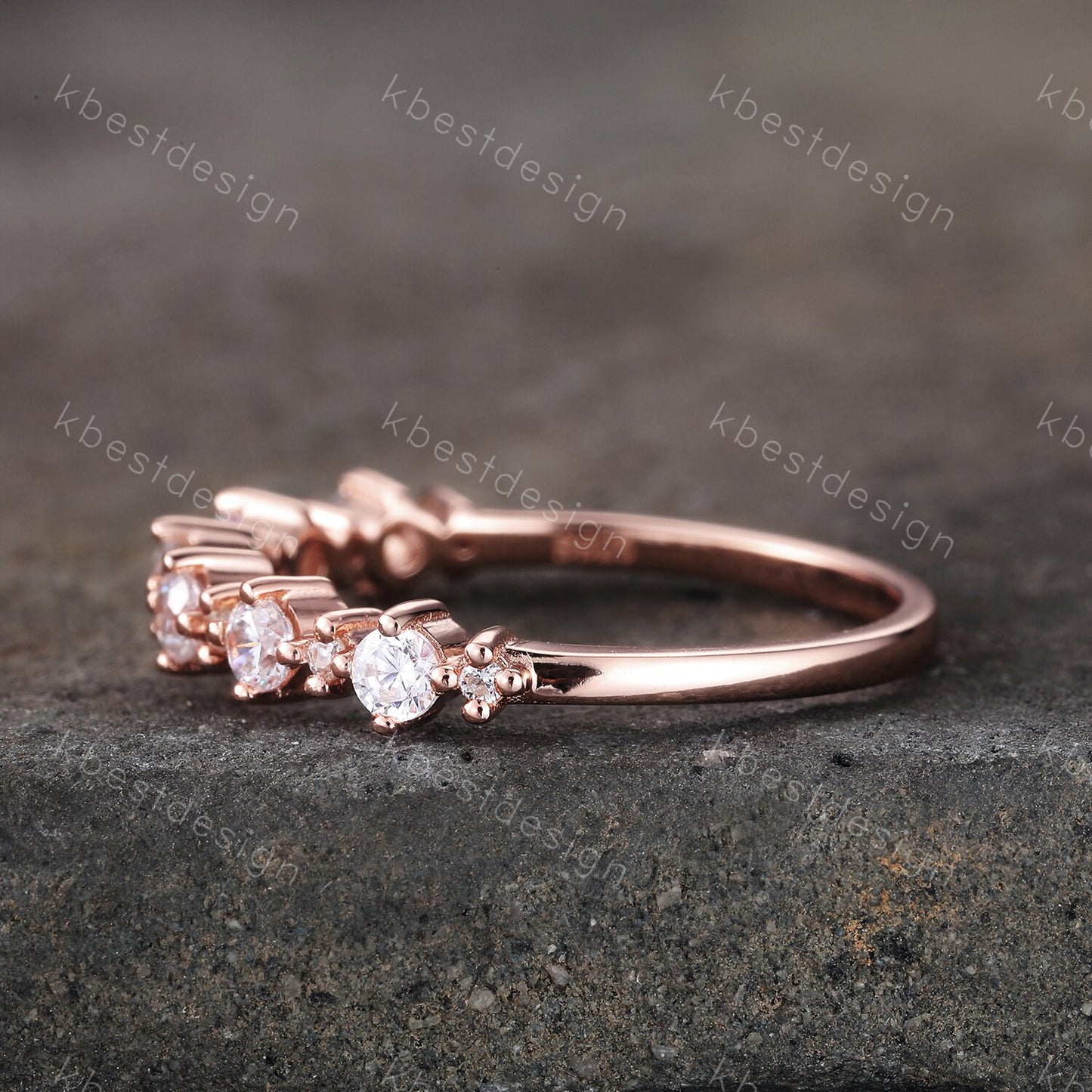 Vintage Rose gold wedding band women Round cut Half eternity band Unique Stacking Matching bridal ring Sterling Silver Diamond wedding ring