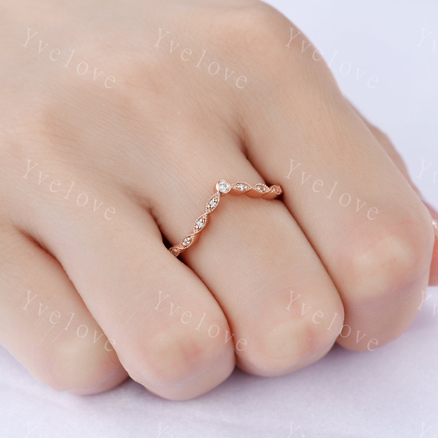 Curved shape diamond wedding band 14k rose gold art deco diamond matching band stacking band natural conflict free stone customized
