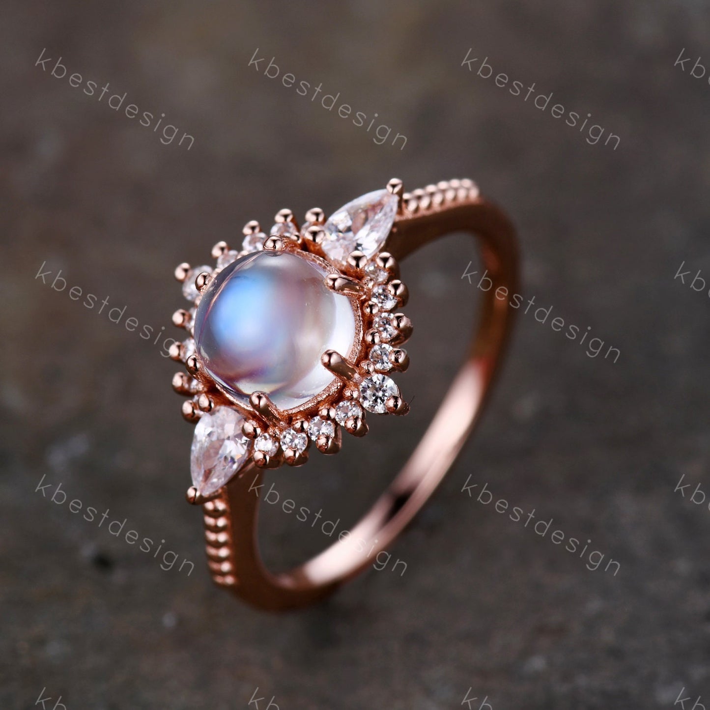 Vintage Moonstone Engagement Ring Art Deo Wedding Ring Rose Gold Rainbow Moonstone Ring Round Cut Ring Promise Anniversary Ring