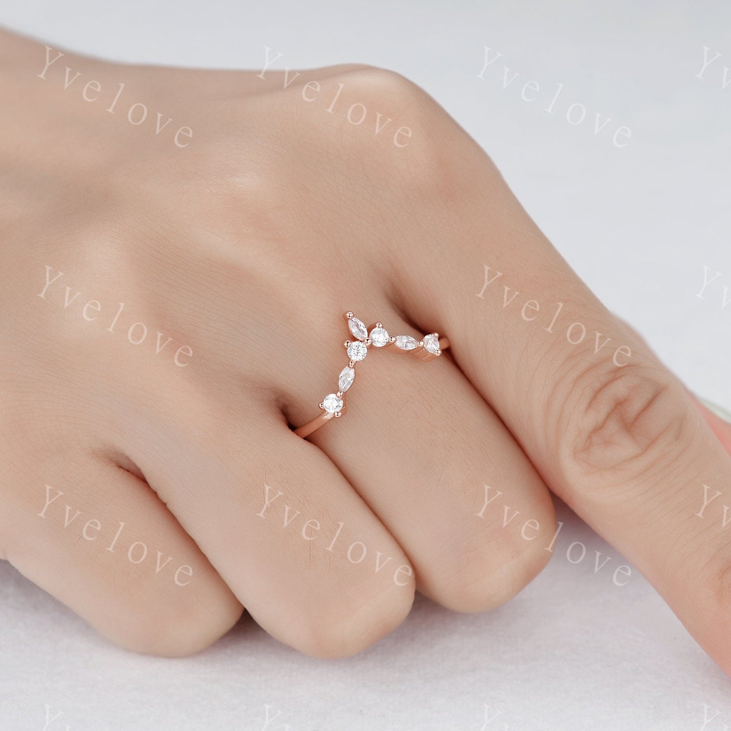 Curved shape stacking band moissanite wedding band 14k rose gold art deco marquise matching band forever classical stone customized