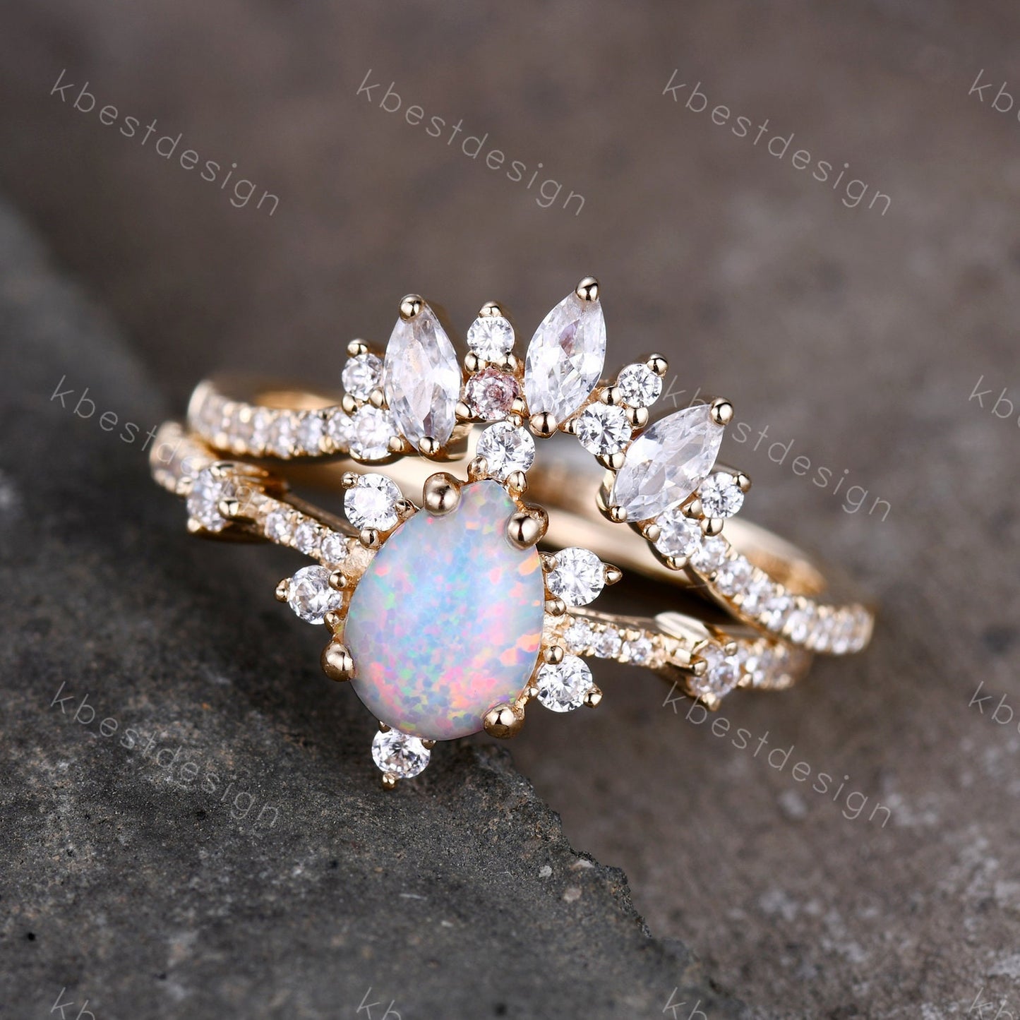 Vintage Opal Engagement Ring Set, Women Rose Gold Rings, Pear Shaped White Opal Ring, Unique Cluster Stacking Band, Promise Gift