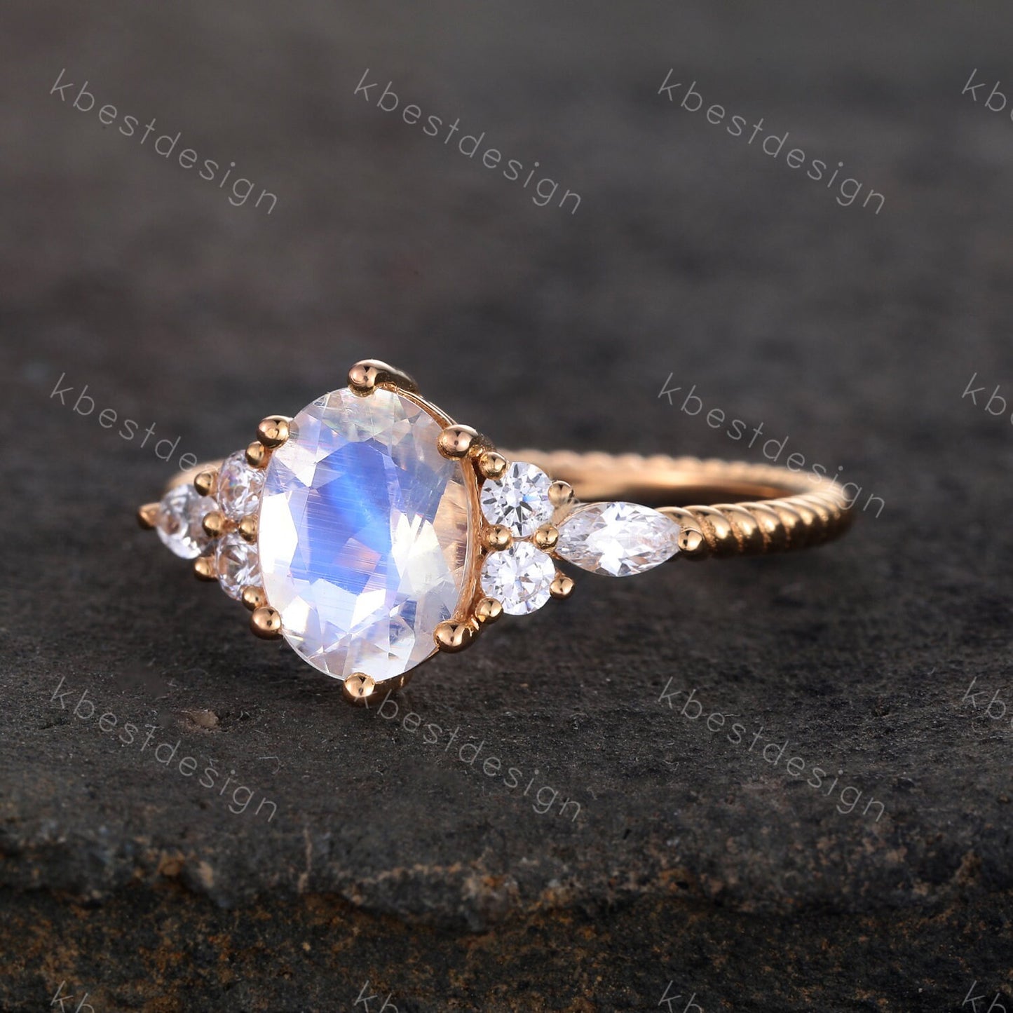 Vintage Moonstone Engagement Ring Art Deco Wedding Ring Unique Eternity Twist Band Yellow Gold Moonstone Ring Bridal Anniversary Ring