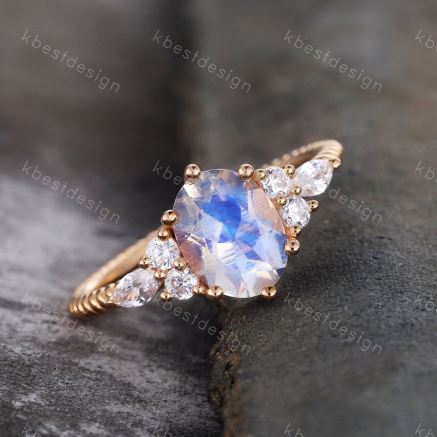 Vintage Moonstone Engagement Ring Art Deco Wedding Ring Unique Eternity Twist Band Yellow Gold Moonstone Ring Bridal Anniversary Ring