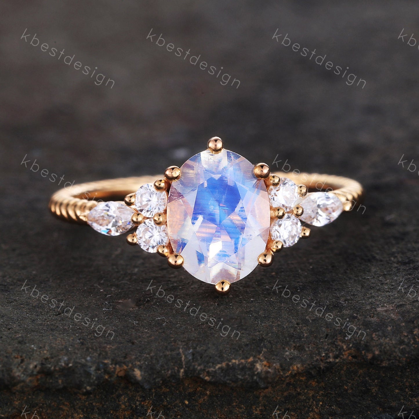 Vintage Moonstone Engagement Ring Art Deco Wedding Ring Unique Eternity Twist Band Yellow Gold Moonstone Ring Bridal Anniversary Ring