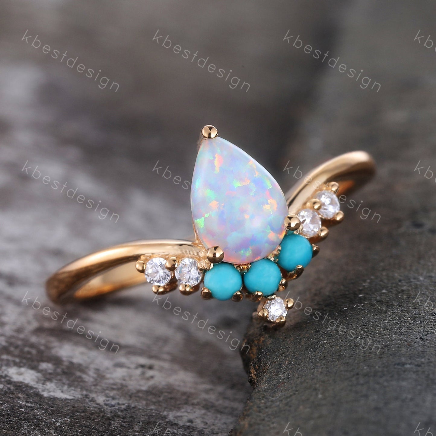 Pear Shaped Opal Engagement Ring, White Opal Ring, Opal Turquoise Wedding Ring, Stacking Ring, October Birthstone, Anniversary Gift for her