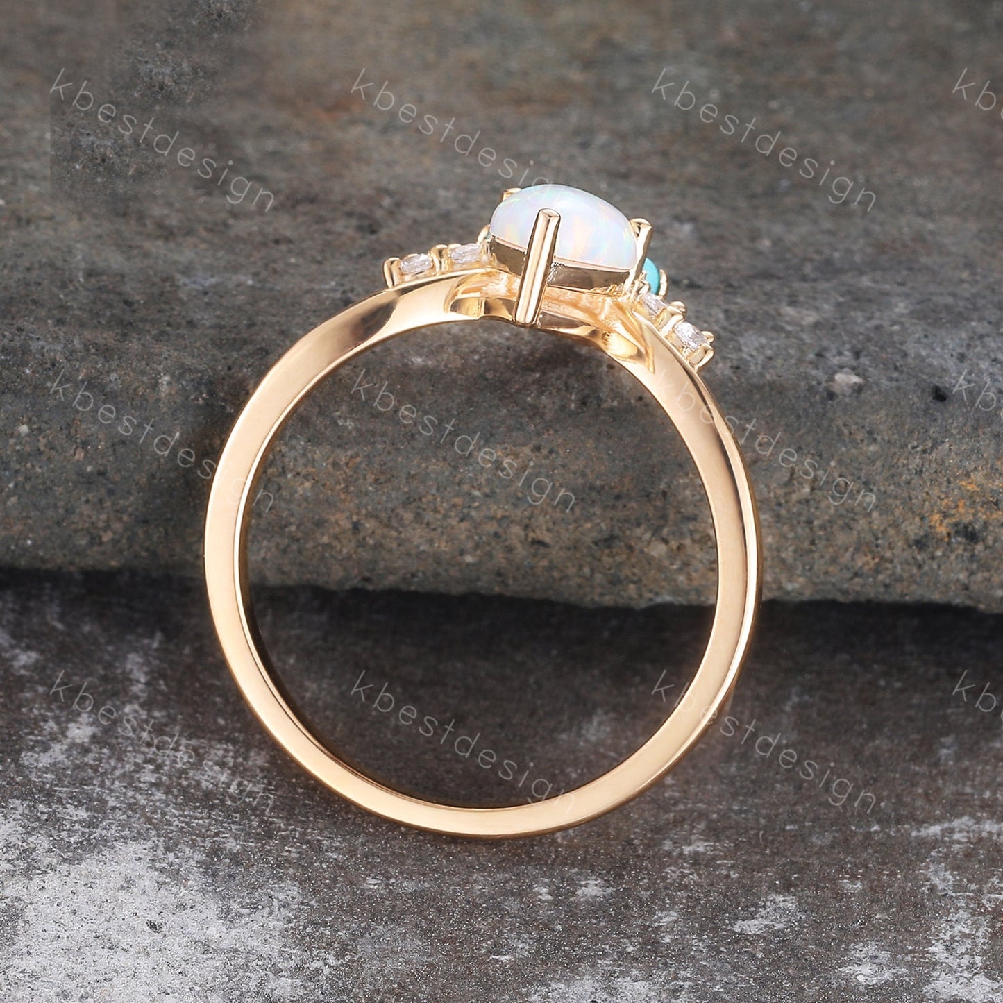 Pear Shaped Opal Engagement Ring, White Opal Ring, Opal Turquoise Wedding Ring, Stacking Ring, October Birthstone, Anniversary Gift for her