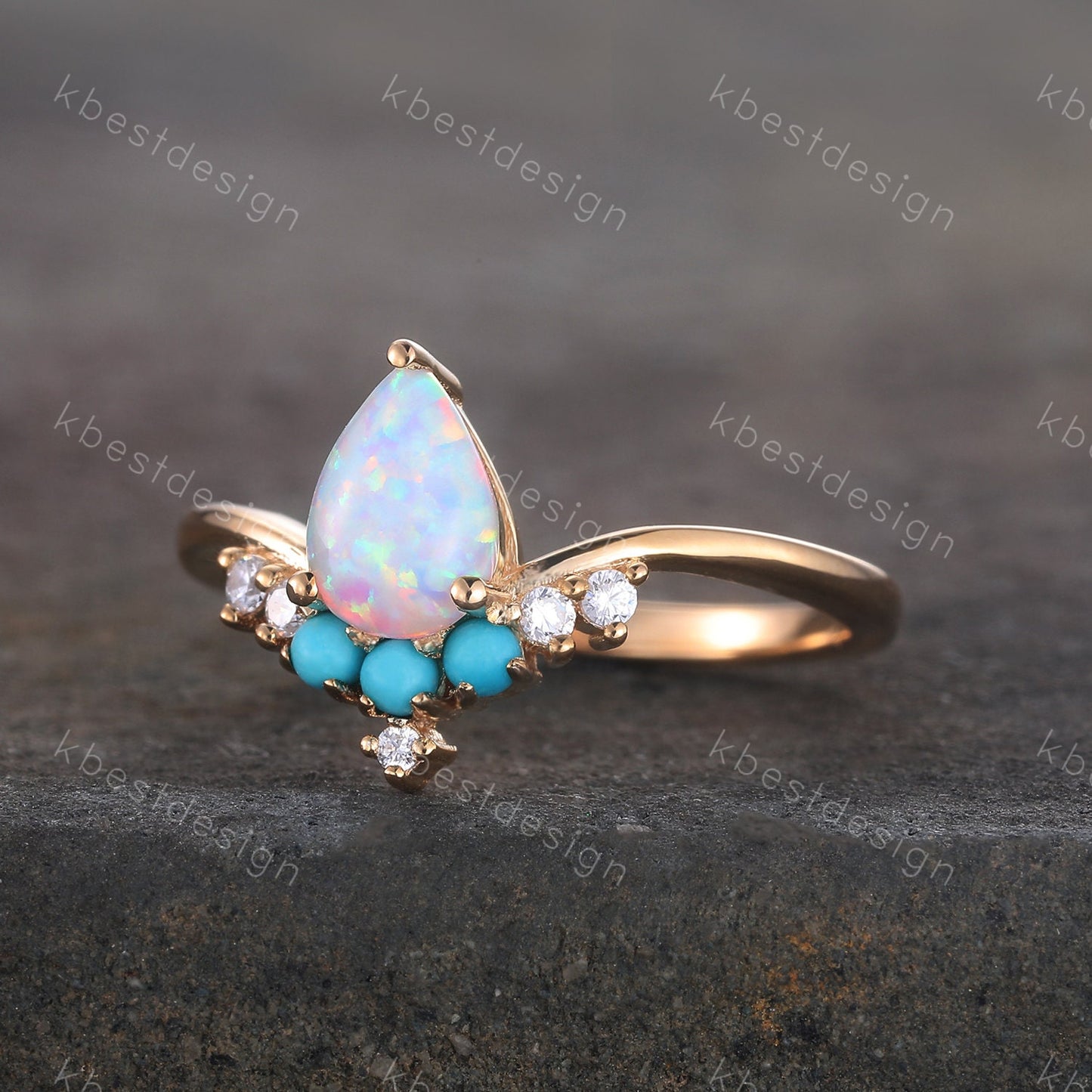 Pear Shaped Opal Engagement Ring, White Opal Ring, Opal Turquoise Wedding Ring, Stacking Ring, October Birthstone, Anniversary Gift for her