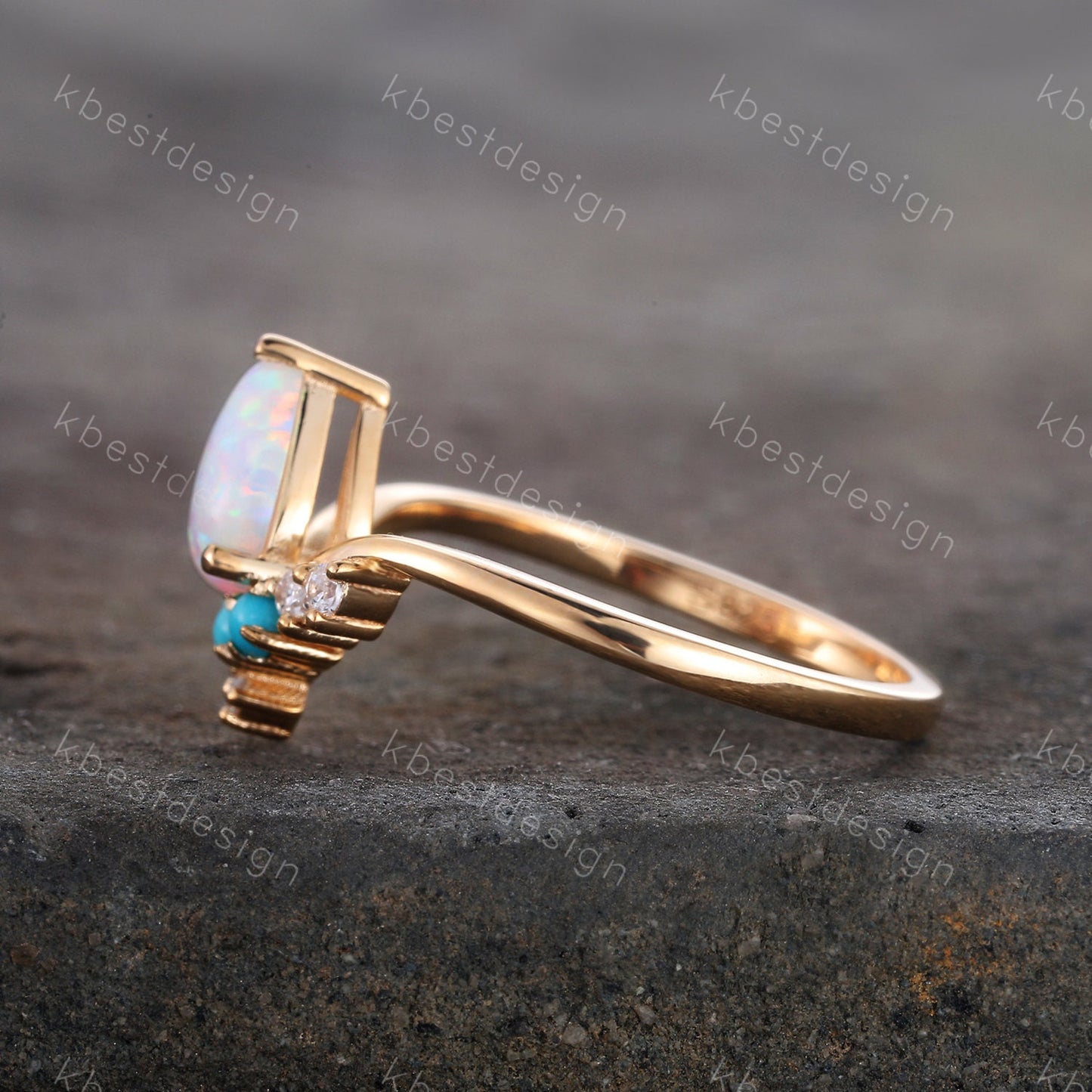 Pear Shaped Opal Engagement Ring, White Opal Ring, Opal Turquoise Wedding Ring, Stacking Ring, October Birthstone, Anniversary Gift for her