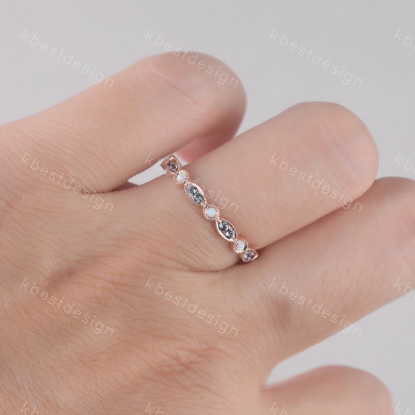 Alexandrite Opal Wedding Band, Half Eternity Wedding Band, Art Deco Stacking Band, Opal Wedding Ring, Alexandrite Ring, Anniversary Gift